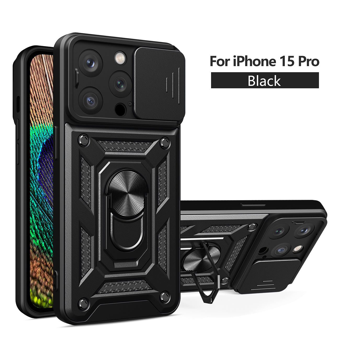 Kickstand Ring Holder with Camera Cover TPU Magnetic Car Mount for IPHONE 15 PRO In Black