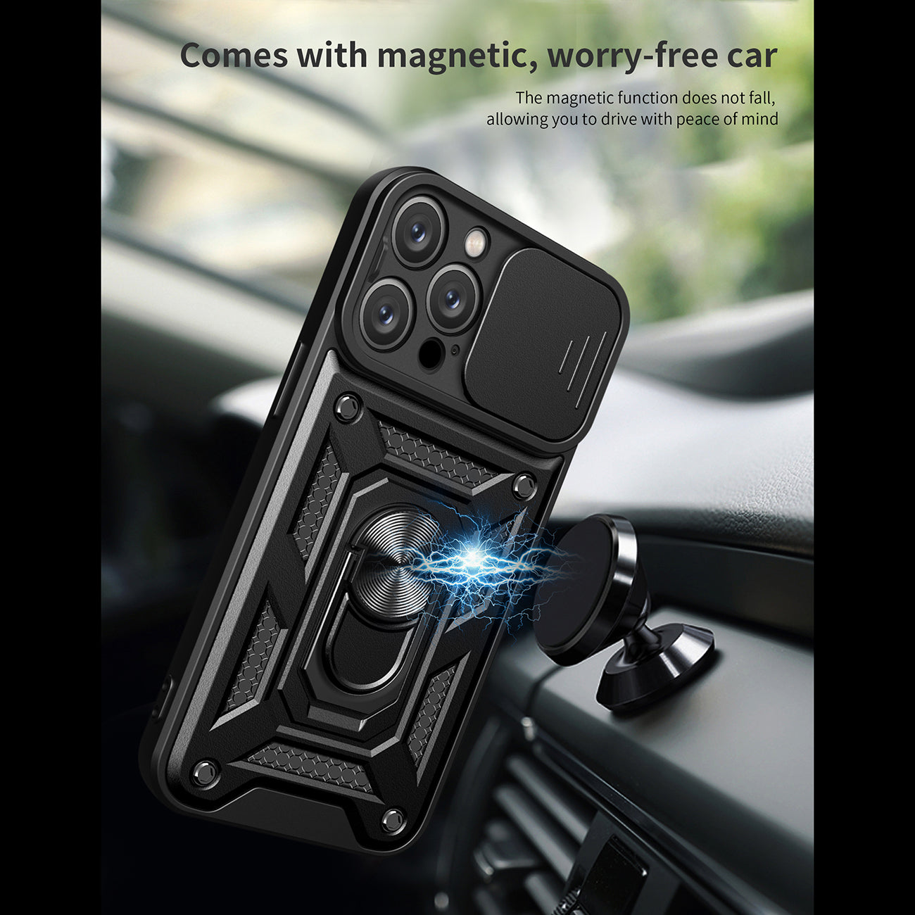 Kickstand Ring Holder with Camera Cover TPU Magnetic Car Mount for IPHONE 15 PRO MAX In Black