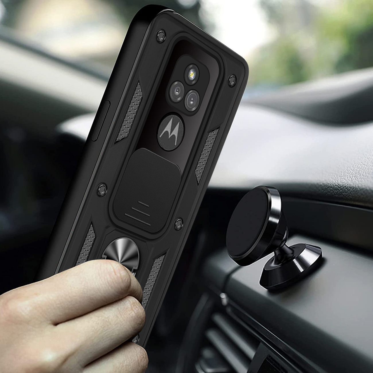 Kickstand Ring Holder with Slide Camera Cover TPU Shockproof Case and Magnetic Car Mount for MOTOROLA G
