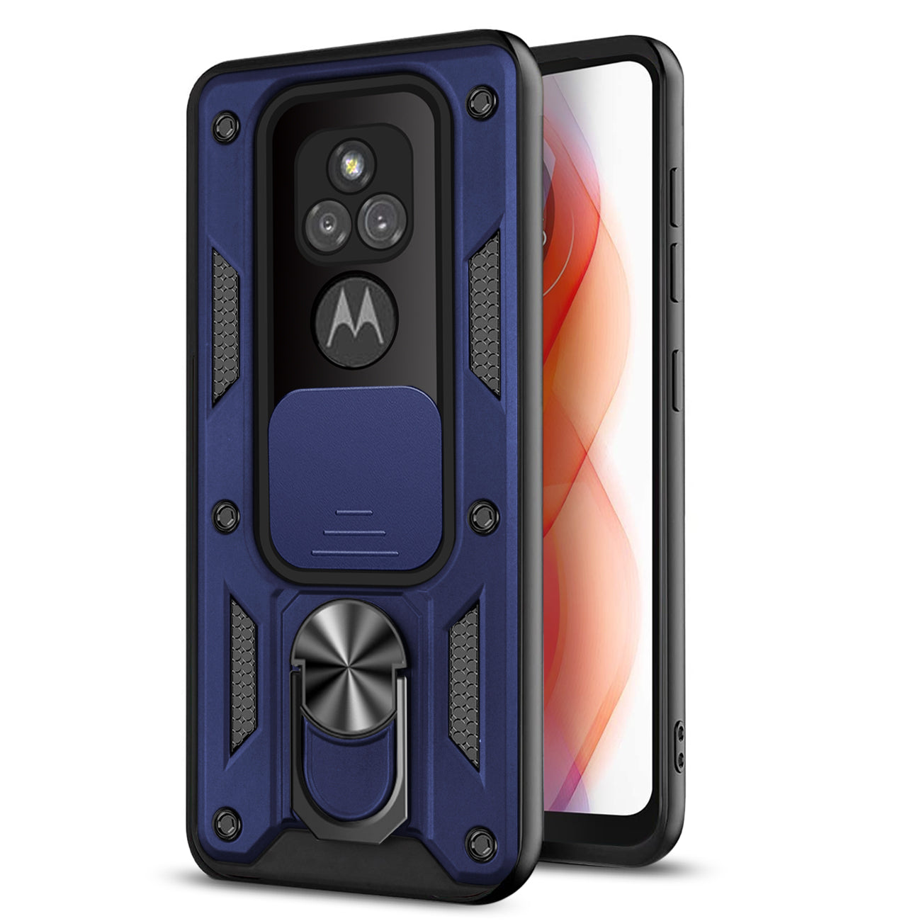 Kickstand Ring Holder with Slide Camera Cover TPU Shockproof Case and Magnetic Car Mount for MOTOROLA G PLAY In Blue In Blue
