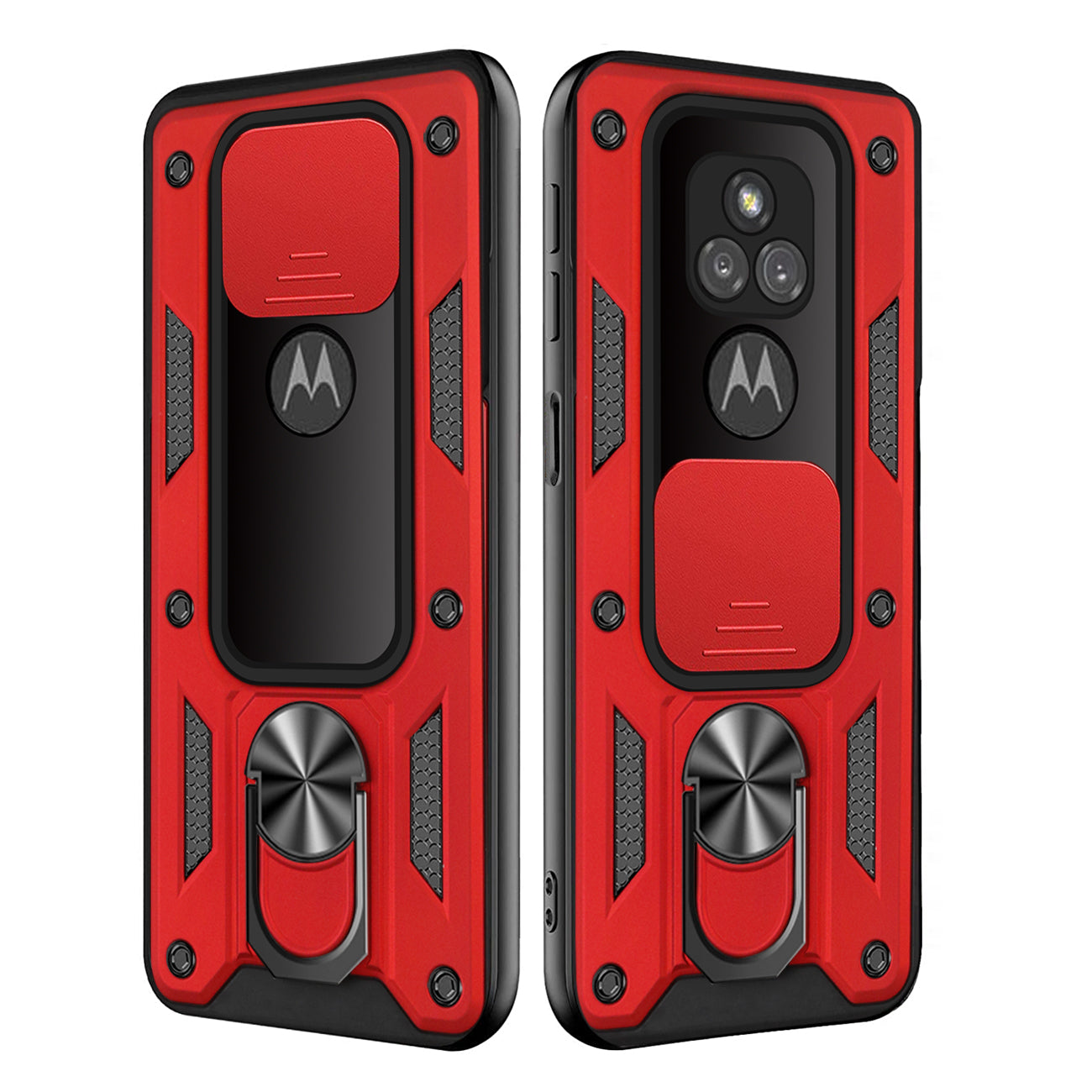 Kickstand Ring Holder with Slide Camera Cover TPU Shockproof Case and Magnetic Car Mount for MOTOROLA G PLAY In Red In Red