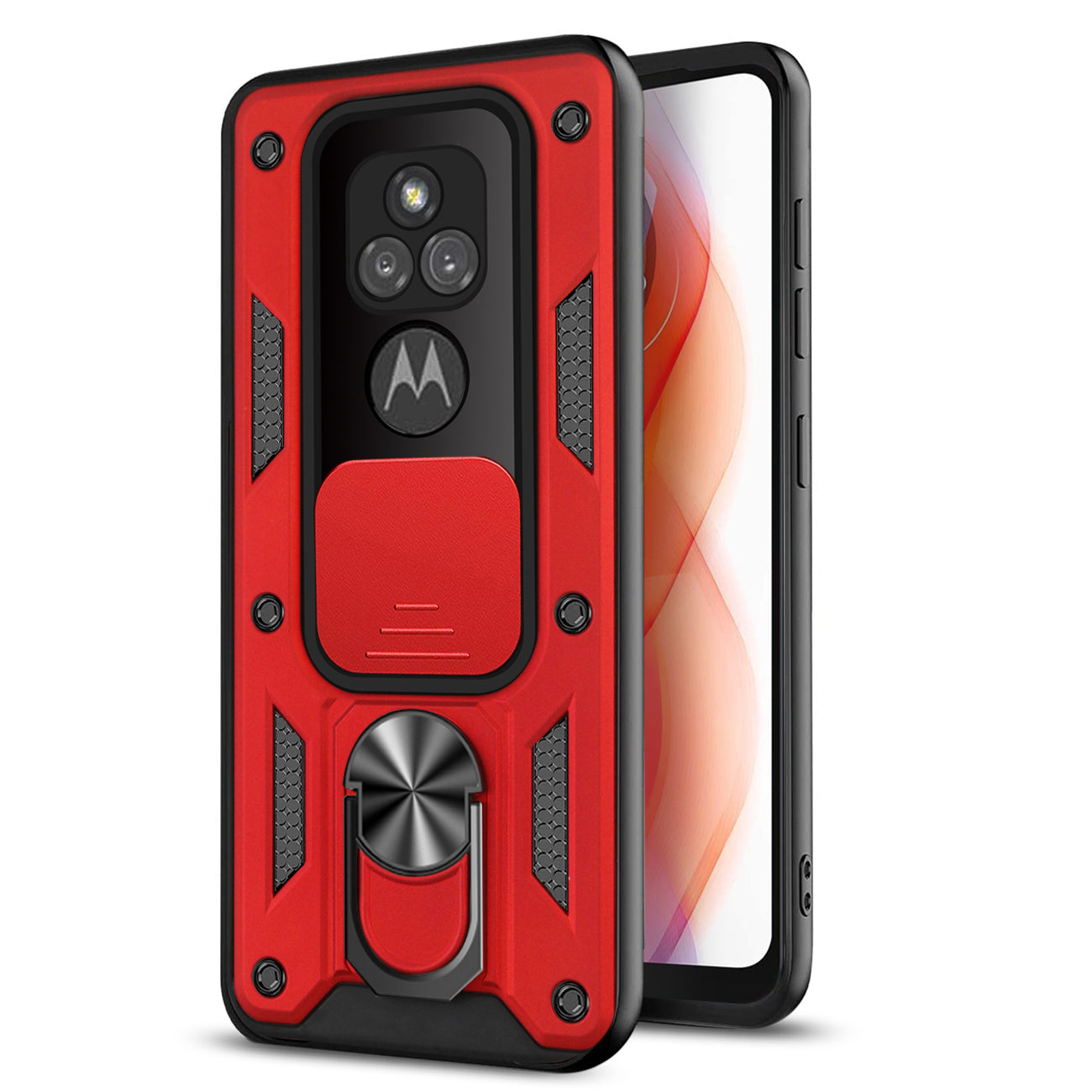 Kickstand Ring Holder with Slide Camera Cover TPU Shockproof Case and Magnetic Car Mount for MOTOROLA G PLAY In Red In Red