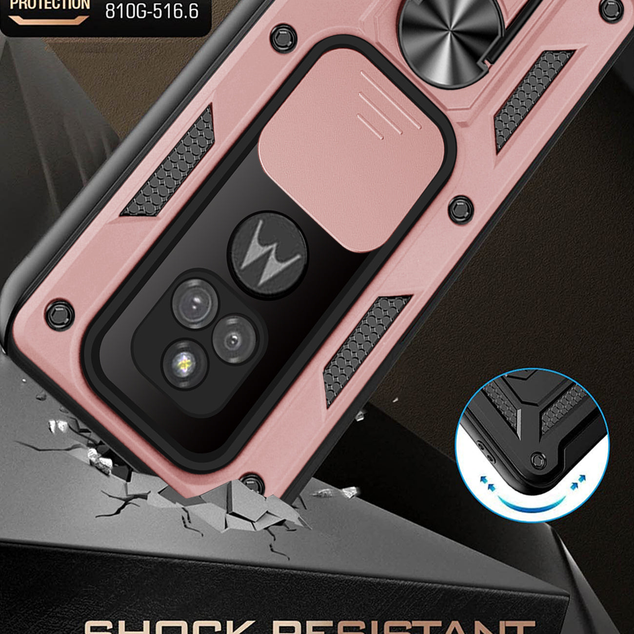 Kickstand Ring Holder with Slide Camera Cover TPU Shockproof Case and Magnetic Car Mount for MOTOROLA G PLAY In Rose Gold In Rose Gold