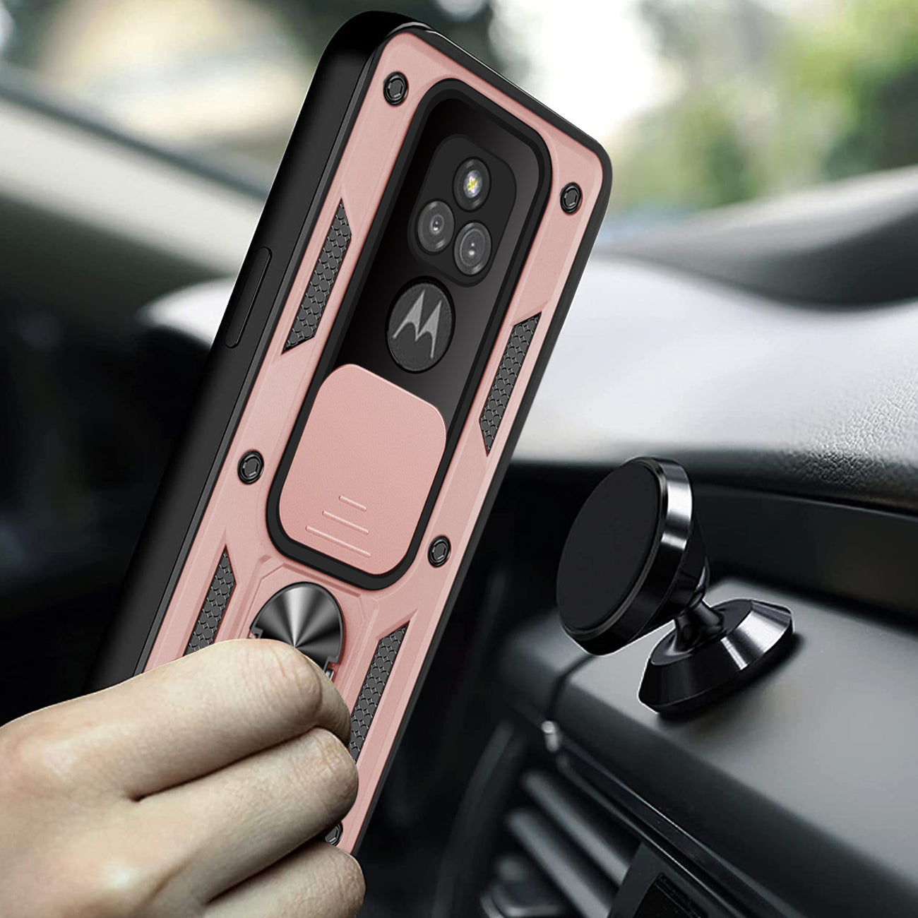 Kickstand Ring Holder with Slide Camera Cover TPU Shockproof Case and Magnetic Car Mount for MOTOROLA G PLAY In Rose Gold In Rose Gold