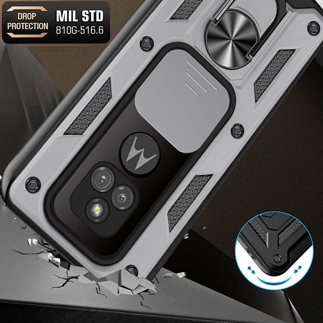Kickstand Ring Holder with Slide Camera Cover TPU Shockproof Case and Magnetic Car Mount for MOTOROLA G PLAY In Silver In Silver