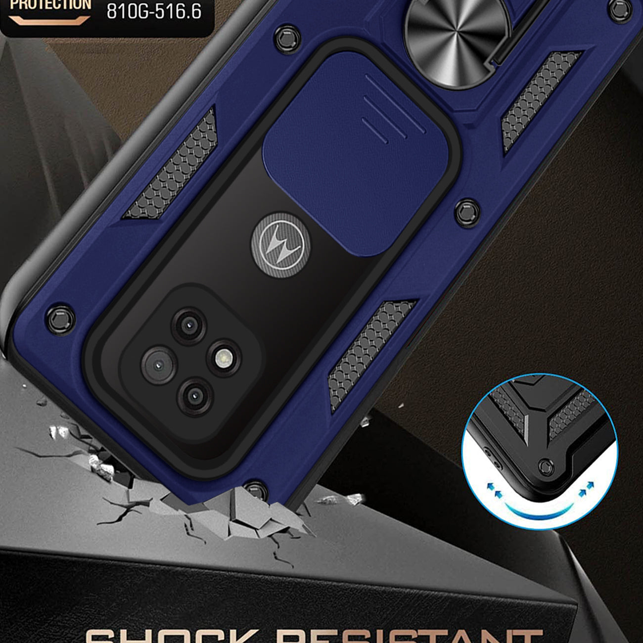 Kickstand Ring Holder with Slide Camera Cover TPU Shockproof Case and Magnetic Car Mount for MOTOROLA G POWER In Blue