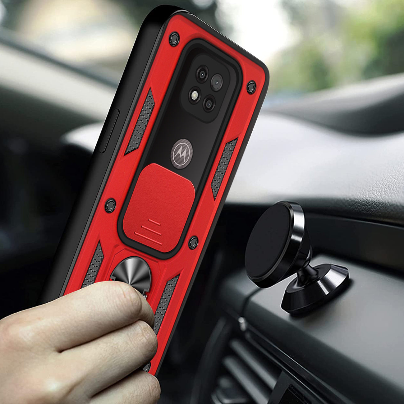 Kickstand Ring Holder with Slide Camera Cover TPU Shockproof Case and Magnetic Car Mount for MOTOROLA G POWER In Red