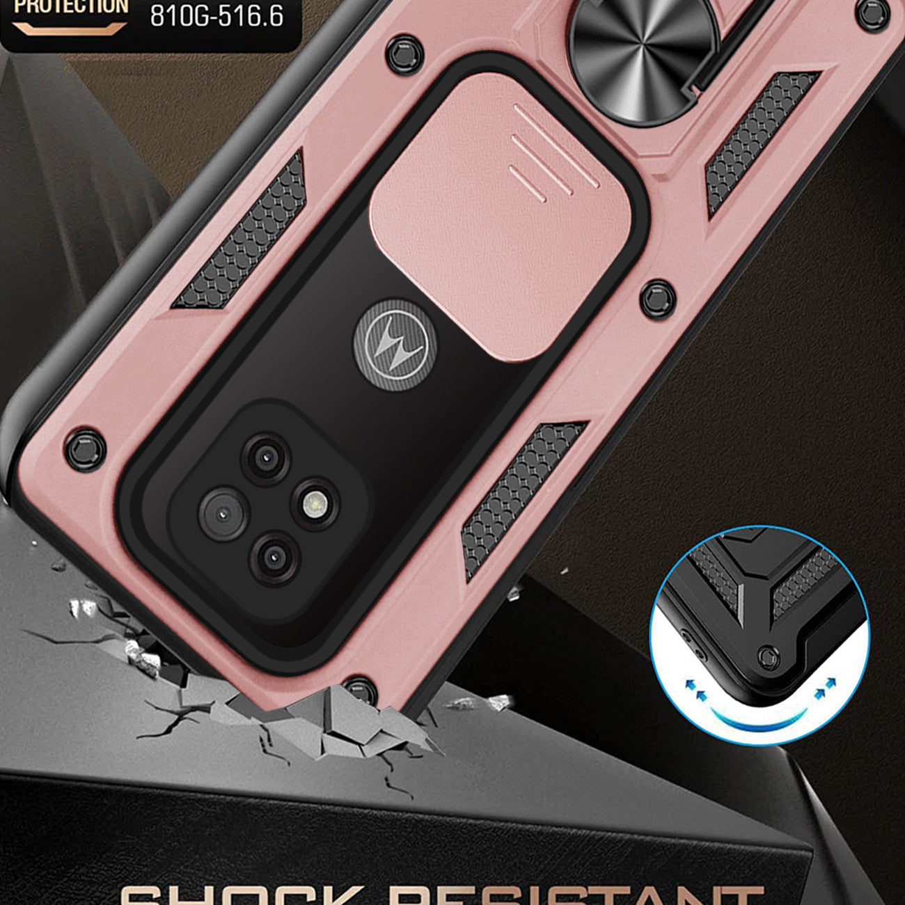 Kickstand Ring Holder with Slide Camera Cover TPU Shockproof Case and Magnetic Car Mount for MOTOROLA G POWER In Rose Gold
