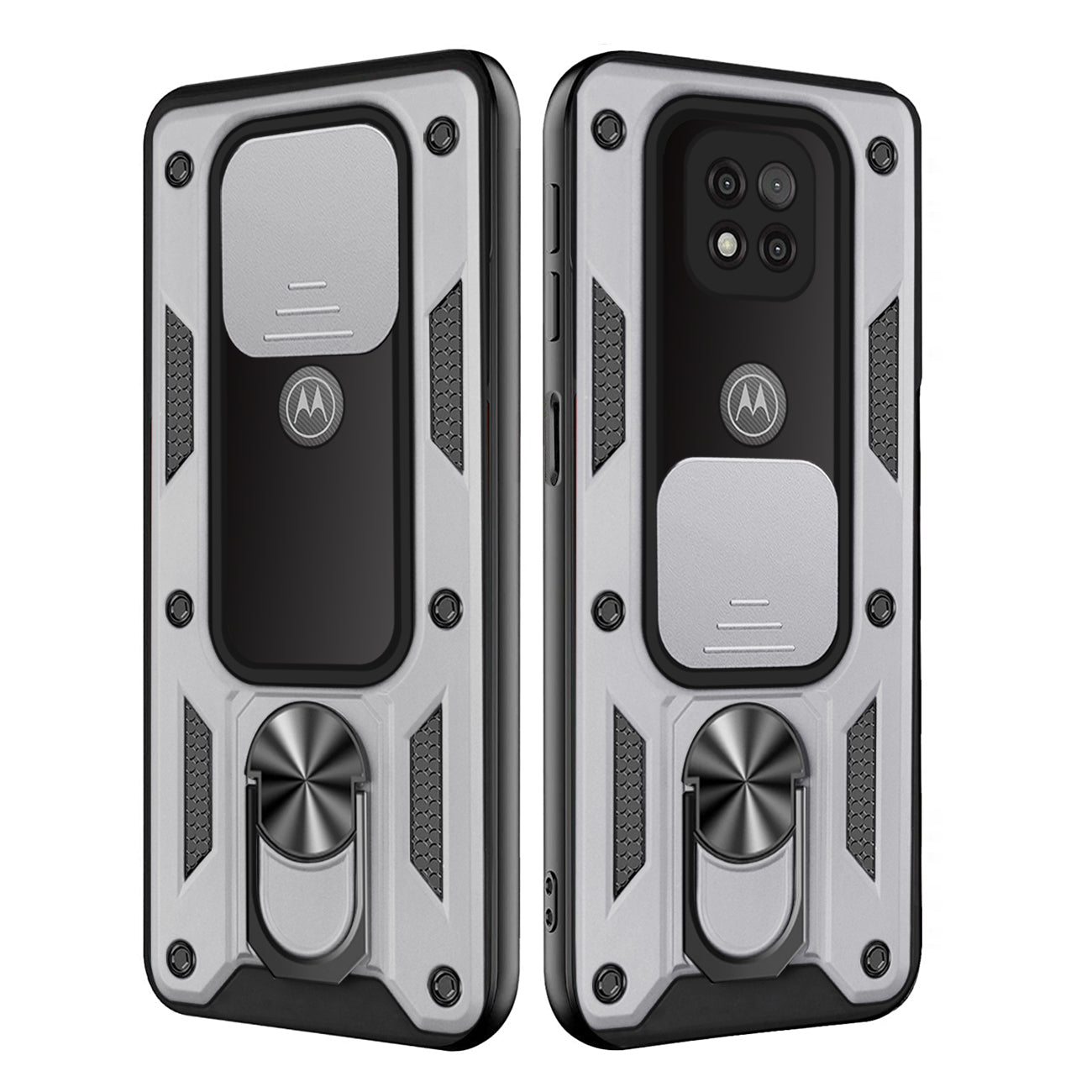 Kickstand Ring Holder with Slide Camera Cover TPU Shockproof Case and Magnetic Car Mount for MOTOROLA G POWER In Silver