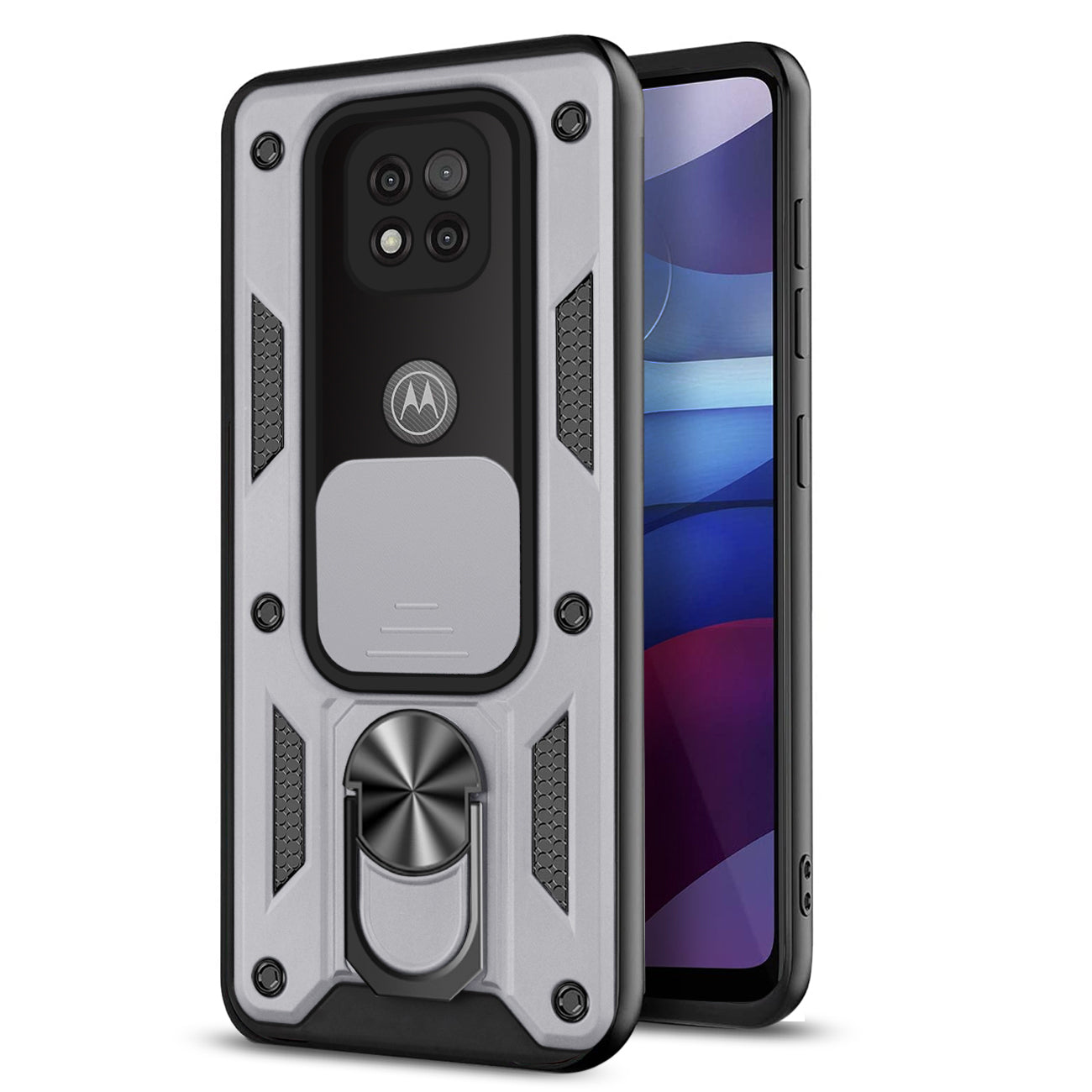 Kickstand Ring Holder with Slide Camera Cover TPU Shockproof Case and Magnetic Car Mount for MOTOROLA G POWER In Silver
