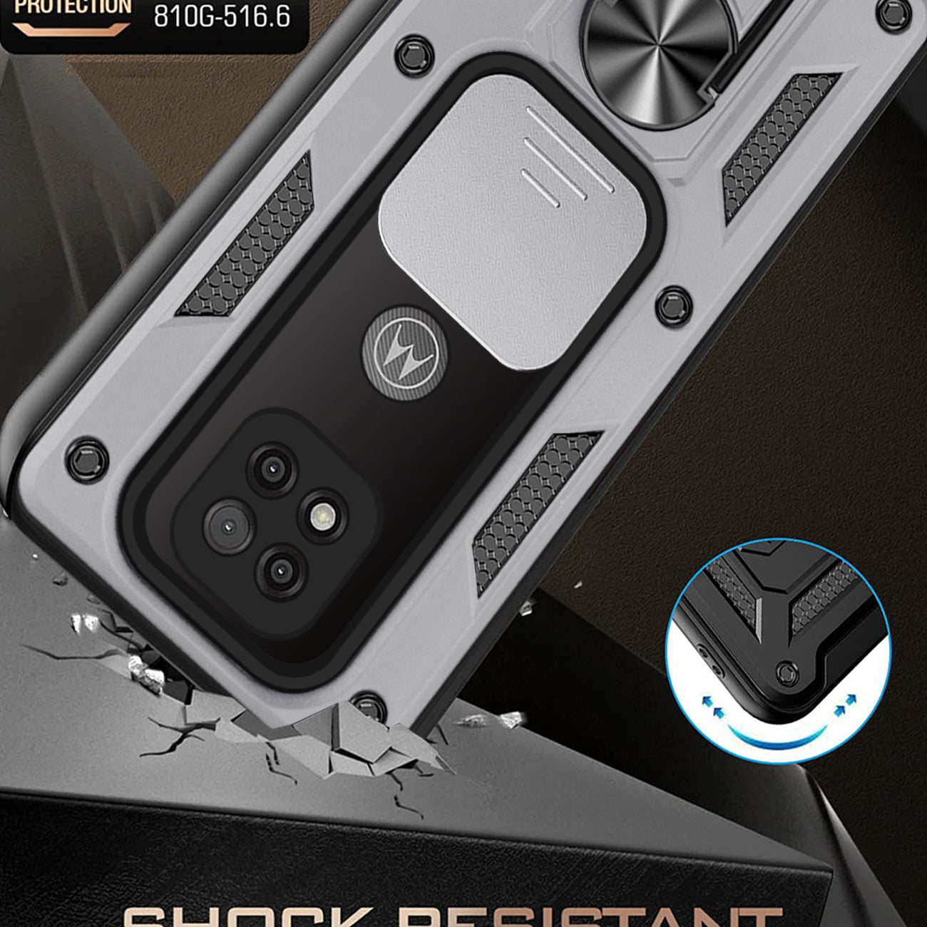 Kickstand Ring Holder with Slide Camera Cover TPU Shockproof Case and Magnetic Car Mount for MOTOROLA G POWER In Silver