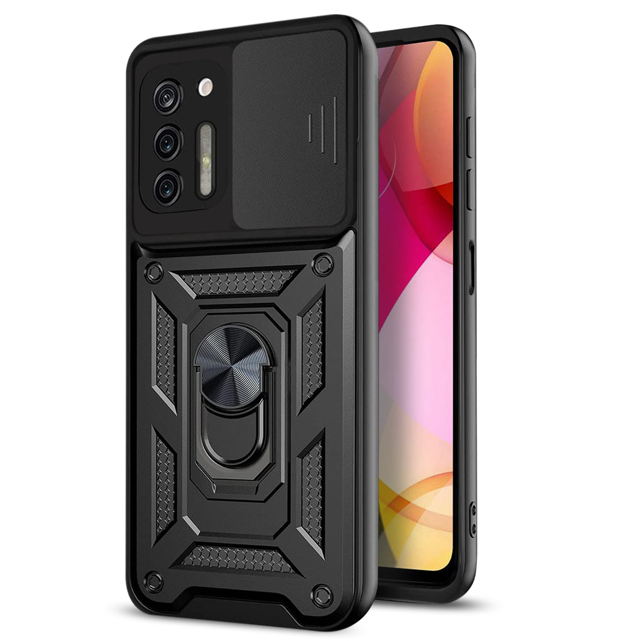 Case TPU Shockproof Kickstand Ring Holder Slide Camera Cover Magnetic Car Mount Motorola G Stylus Black Color