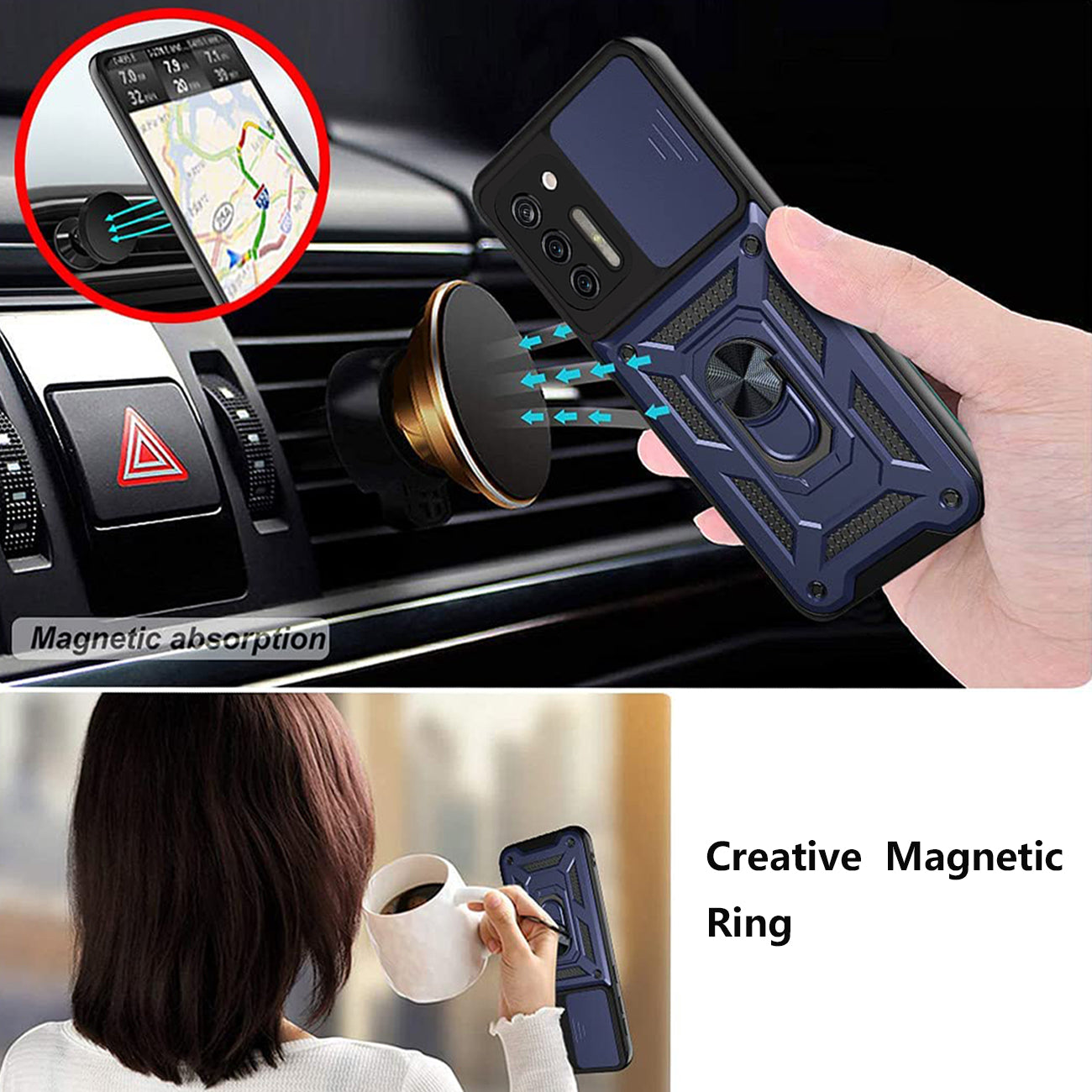 Case TPU Shockproof Kickstand Ring Holder Slide Camera Cover Magnetic Car Mount Motorola G Stylus Blue Color