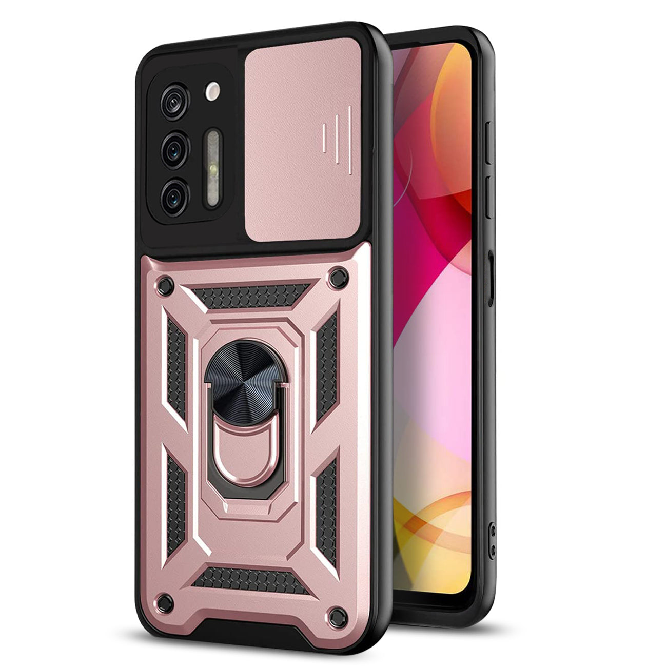 Case TPU Shockproof Kickstand Ring Holder Slide Camera Cover Magnetic Car Mount Motorola G Stylus Rose Gold Color