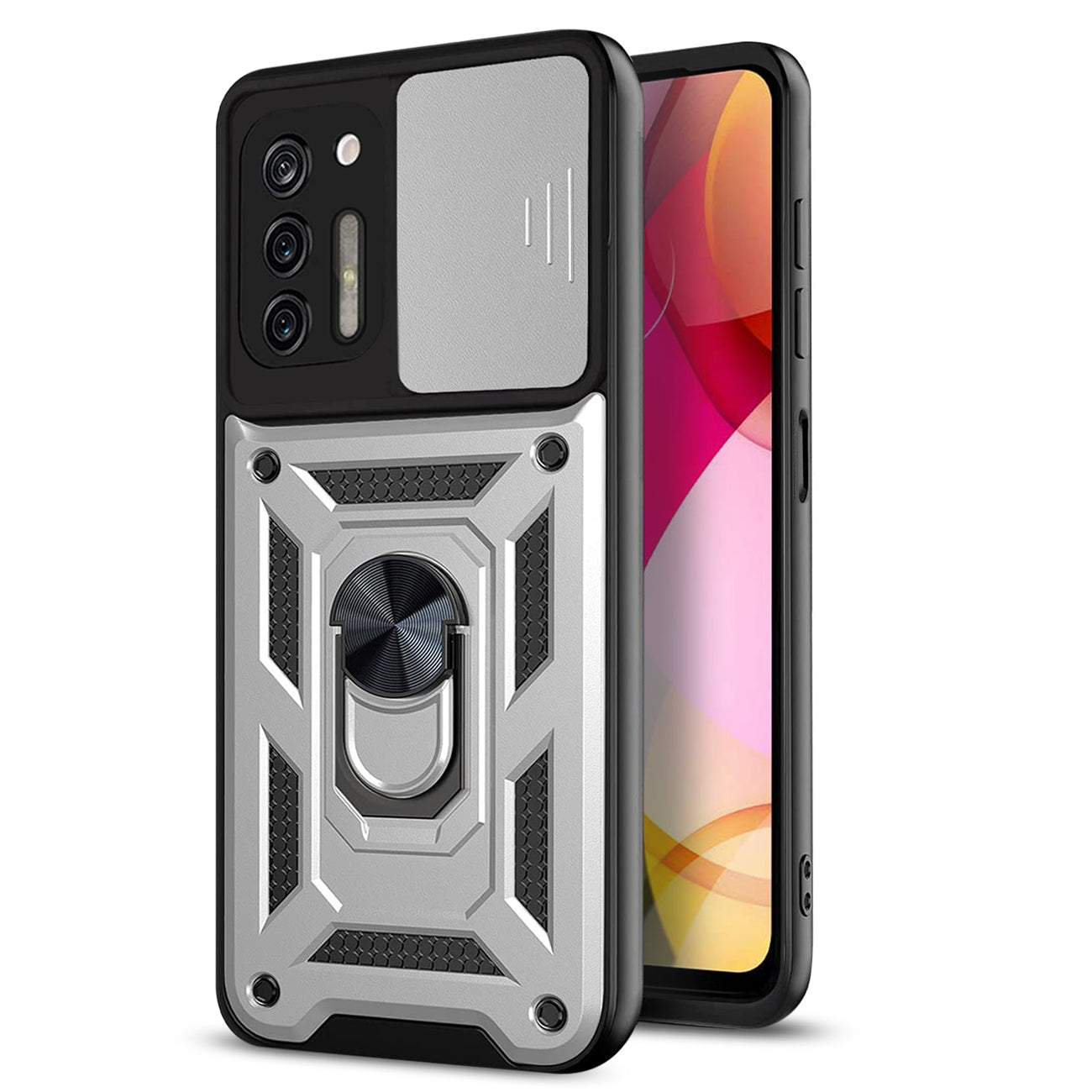 Case TPU Shockproof Kickstand Ring Holder Slide Camera Cover Magnetic Car Mount Motorola G Stylus Silver Color