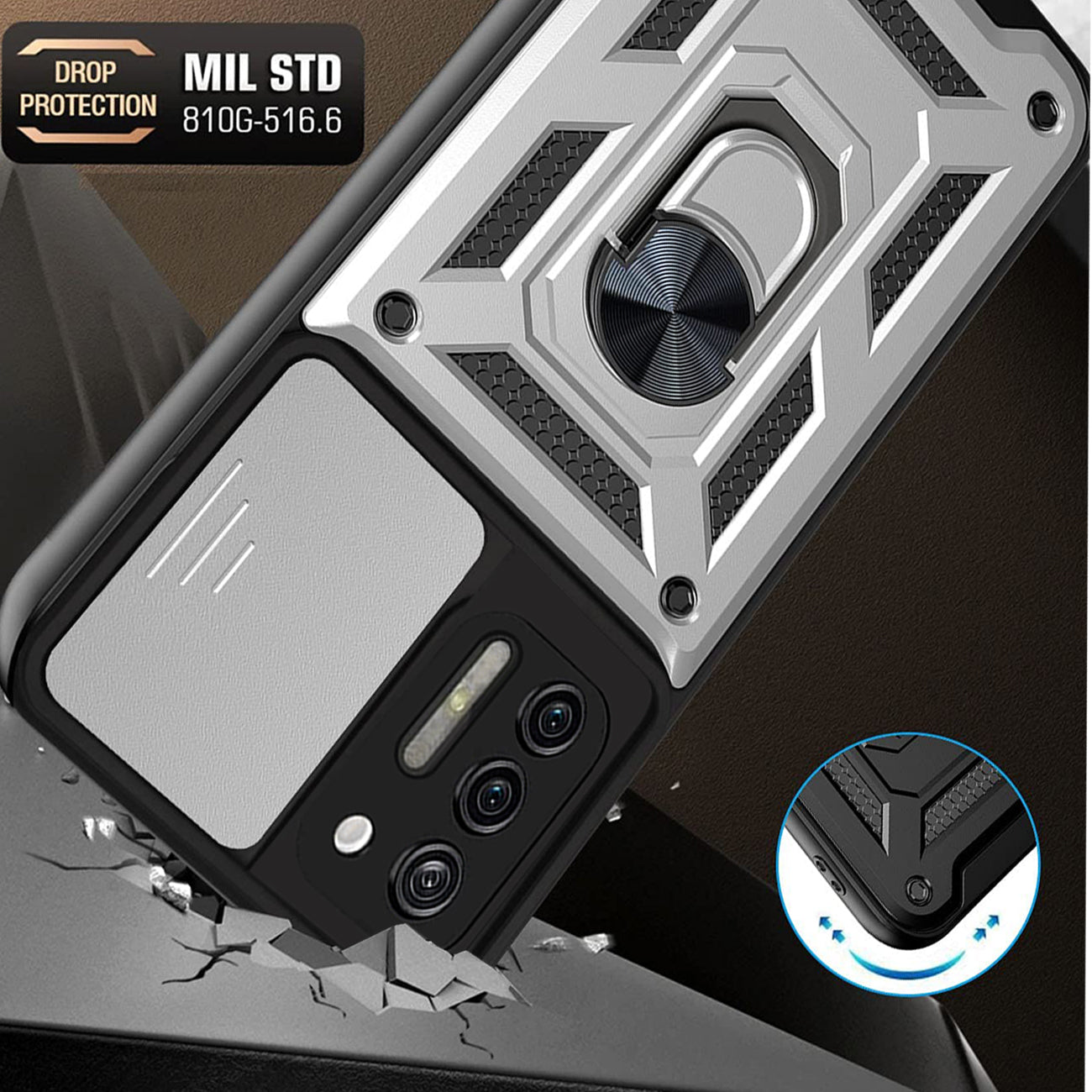 Case TPU Shockproof Kickstand Ring Holder Slide Camera Cover Magnetic Car Mount Motorola G Stylus Silver Color