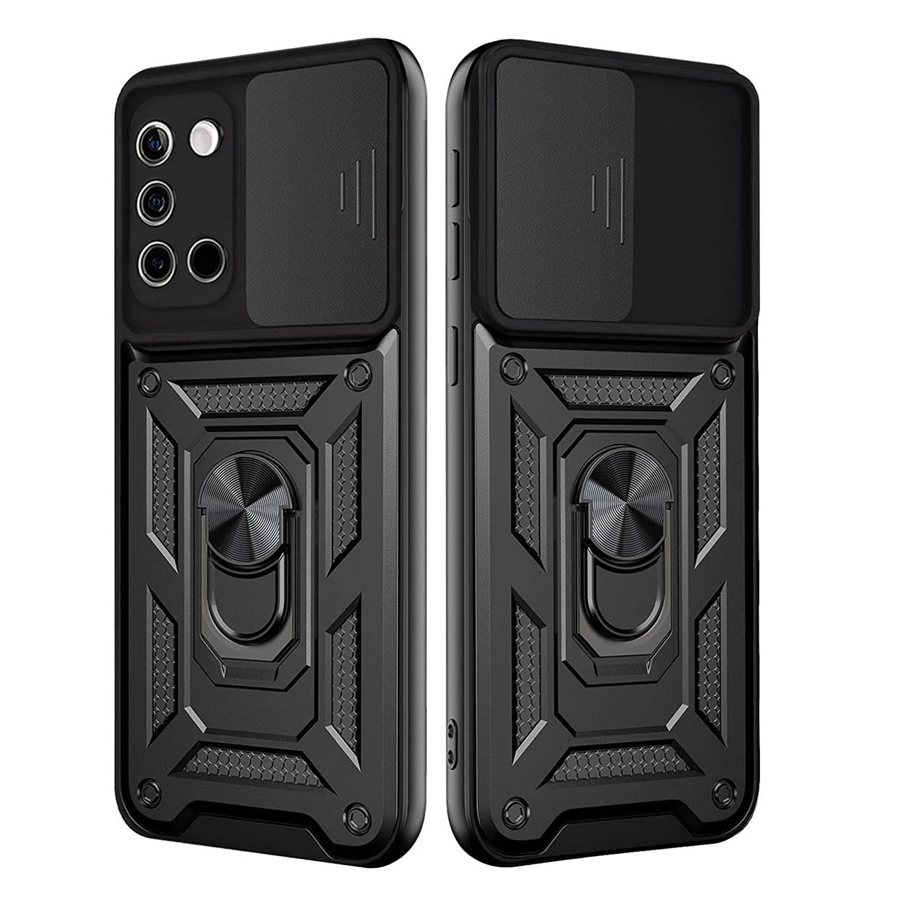 Kickstand Ring Holder with Slide Camera Cover TPU Shockproof Case and Magnetic Car Mount for SAMSUNG GALAXY A02S In Black