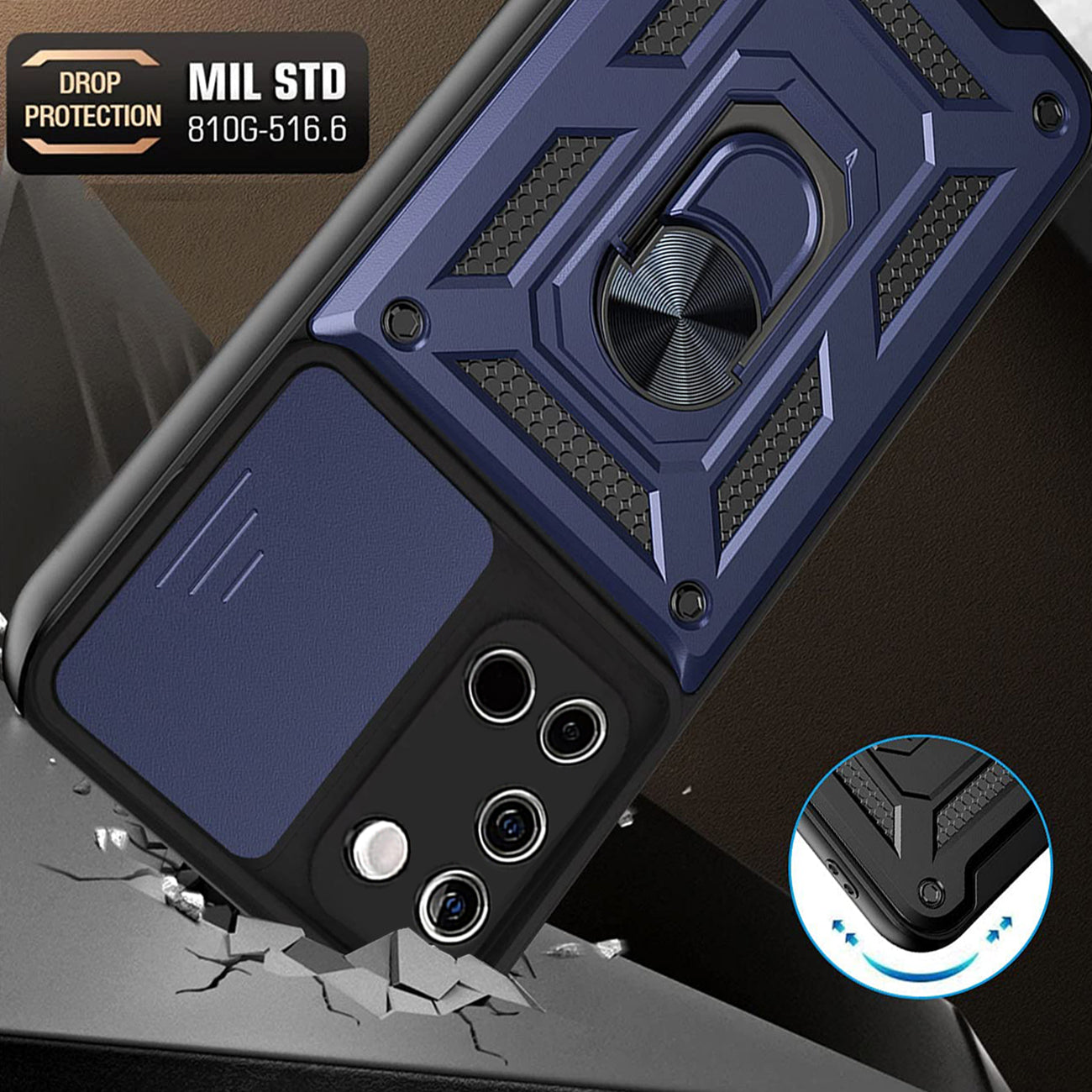 Kickstand Ring Holder with Slide Camera Cover TPU Shockproof Case and Magnetic Car Mount for SAMSUNG GALAXY A02S In Blue