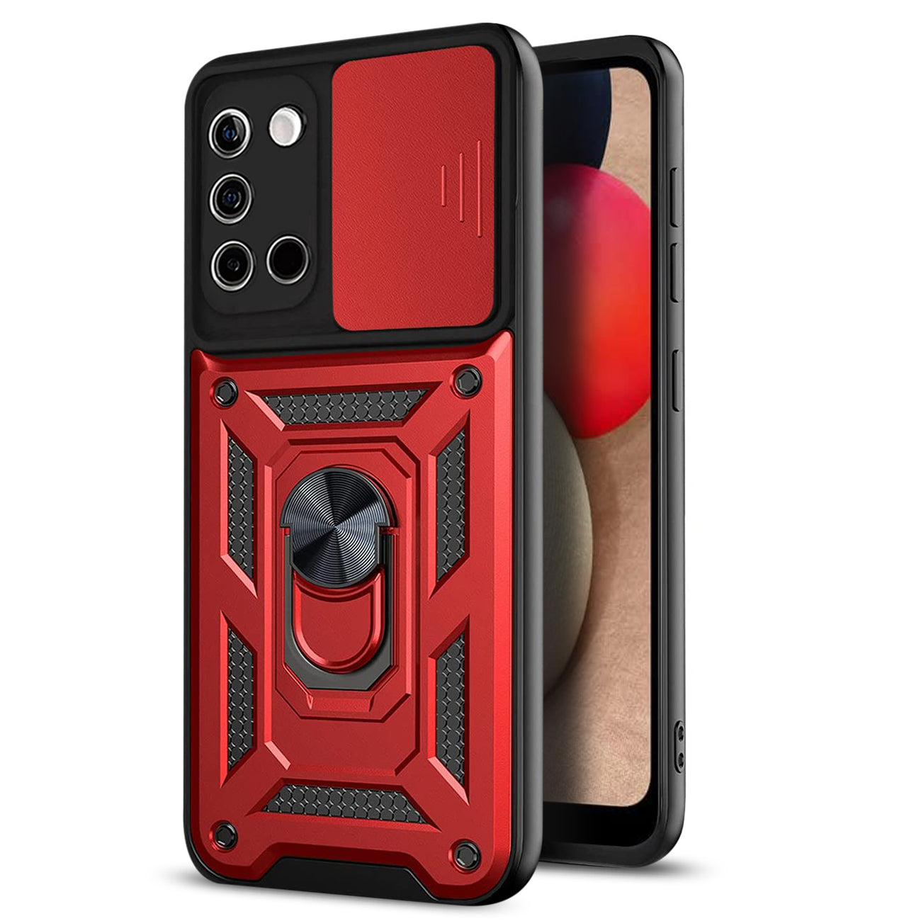 Kickstand Ring Holder with Slide Camera Cover TPU Shockproof Case and Magnetic Car Mount for SAMSUNG GALAXY A02S In Red