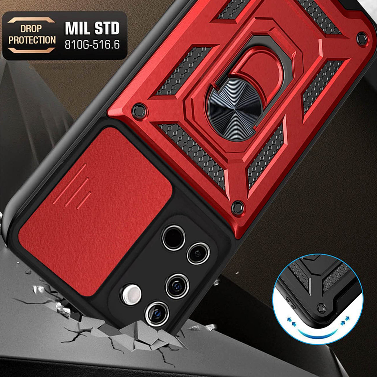 Kickstand Ring Holder with Slide Camera Cover TPU Shockproof Case and Magnetic Car Mount for SAMSUNG GALAXY A02S In Red