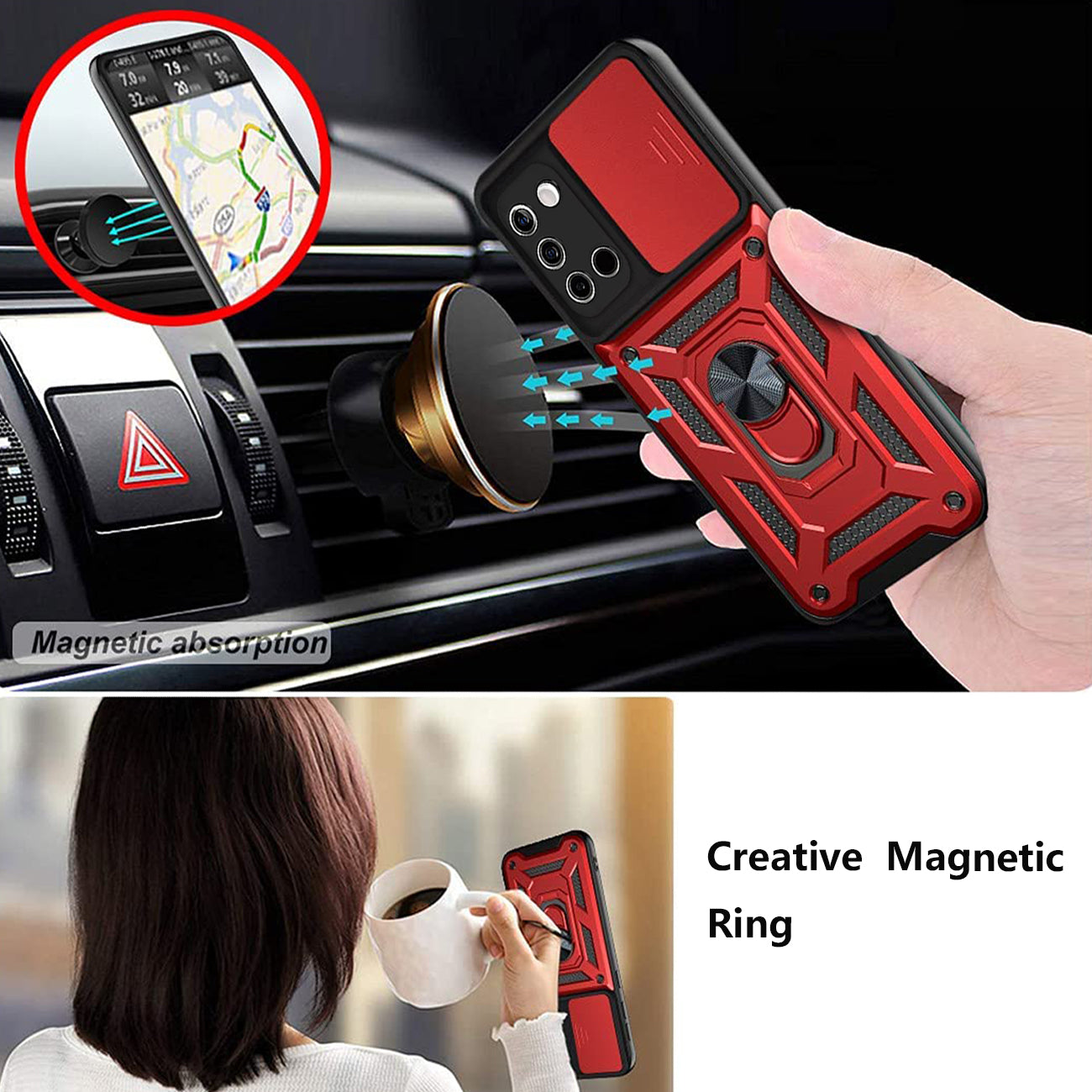 Kickstand Ring Holder with Slide Camera Cover TPU Shockproof Case and Magnetic Car Mount for SAMSUNG GALAXY A02S In Red