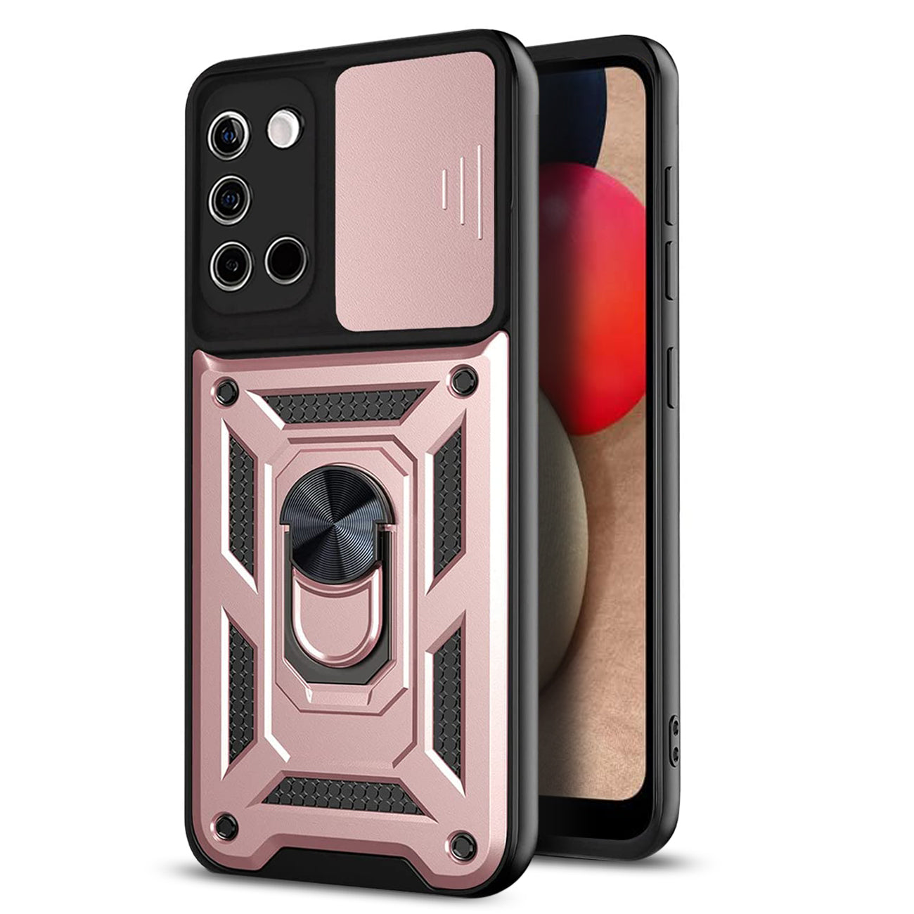 Kickstand Ring Holder with Slide Camera Cover TPU Shockproof Case and Magnetic Car Mount for SAMSUNG GALAXY A02S In Rose Gold