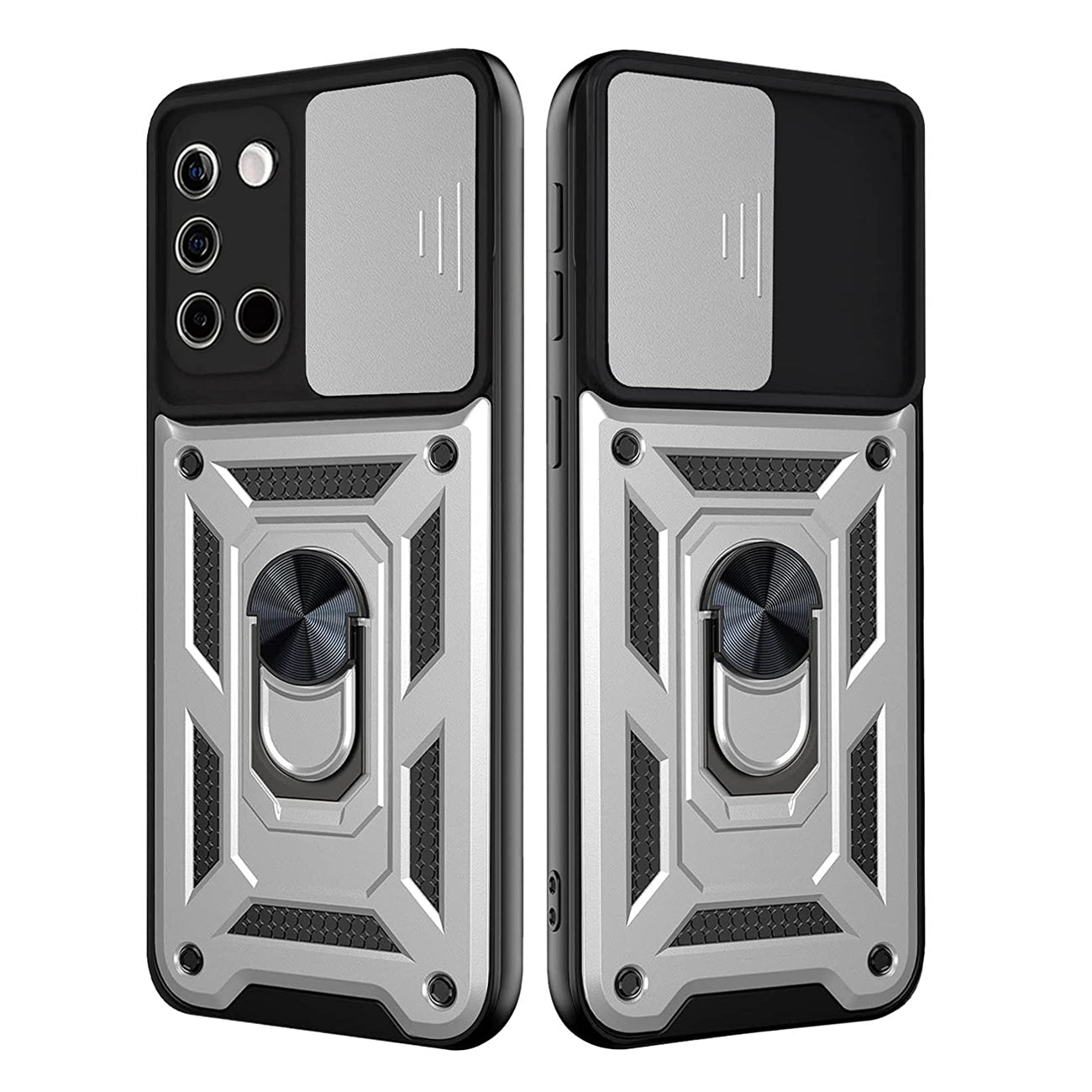 Kickstand Ring Holder with Slide Camera Cover TPU Shockproof Case and Magnetic Car Mount for SAMSUNG GALAXY A02S In Silver