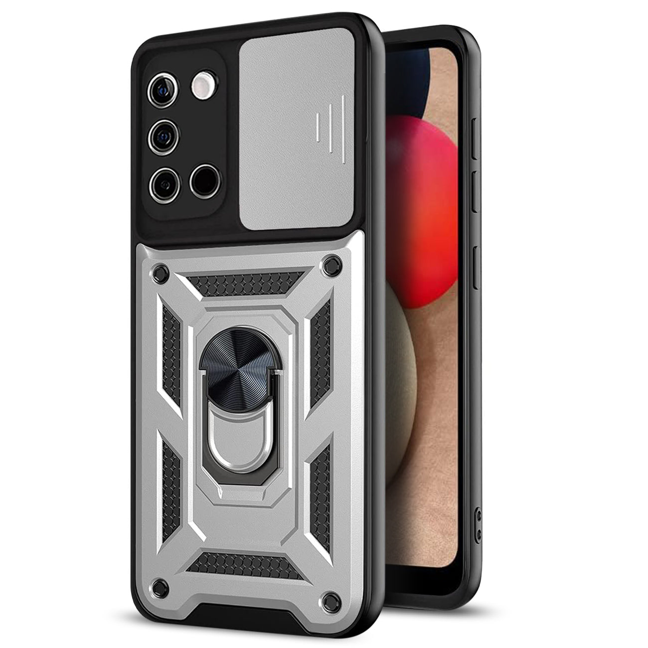 Kickstand Ring Holder with Slide Camera Cover TPU Shockproof Case and Magnetic Car Mount for SAMSUNG GALAXY A02S In Silver
