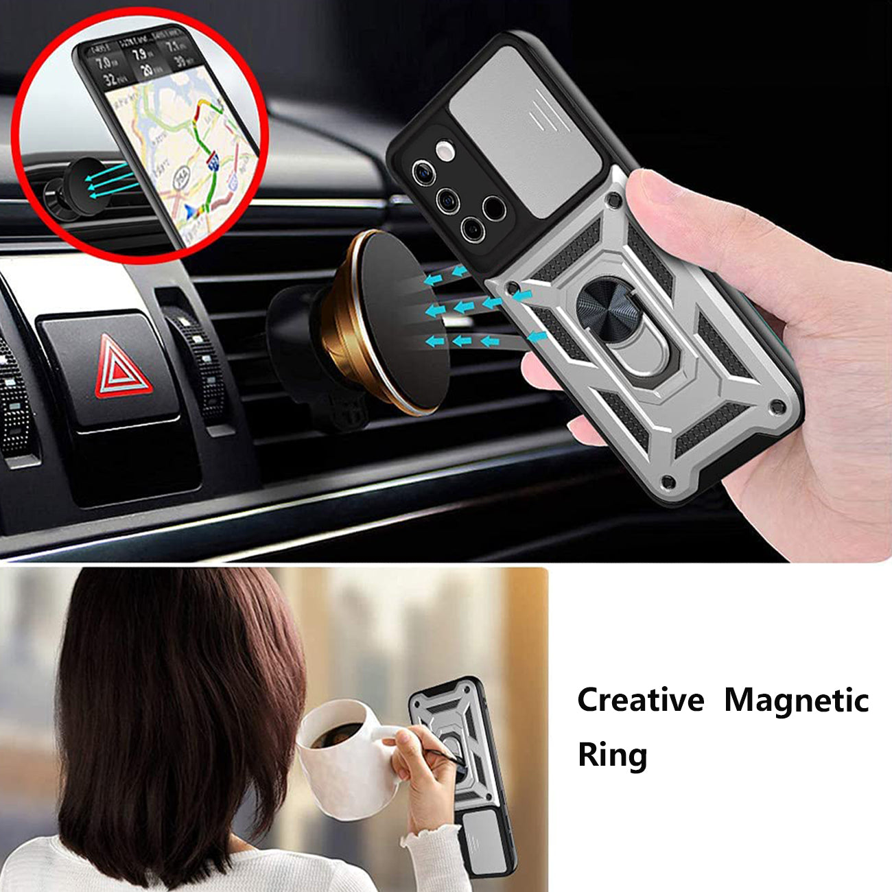 Kickstand Ring Holder with Slide Camera Cover TPU Shockproof Case and Magnetic Car Mount for SAMSUNG GALAXY A02S In Silver