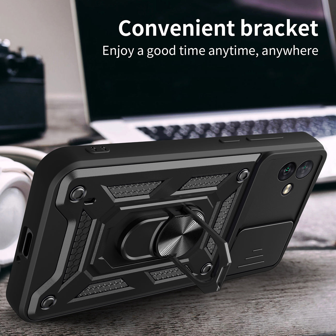 Kickstand Ring Holder with Slide Camera Cover TPU Magnetic Car Mount for GALAXY A04 In Black