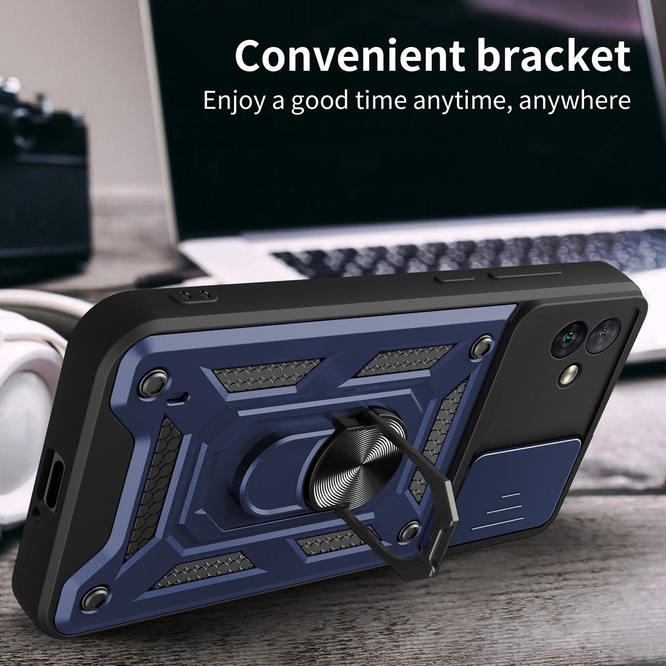 Kickstand Ring Holder with Slide Camera Cover TPU Magnetic Car Mount for GALAXY A04 In Blue