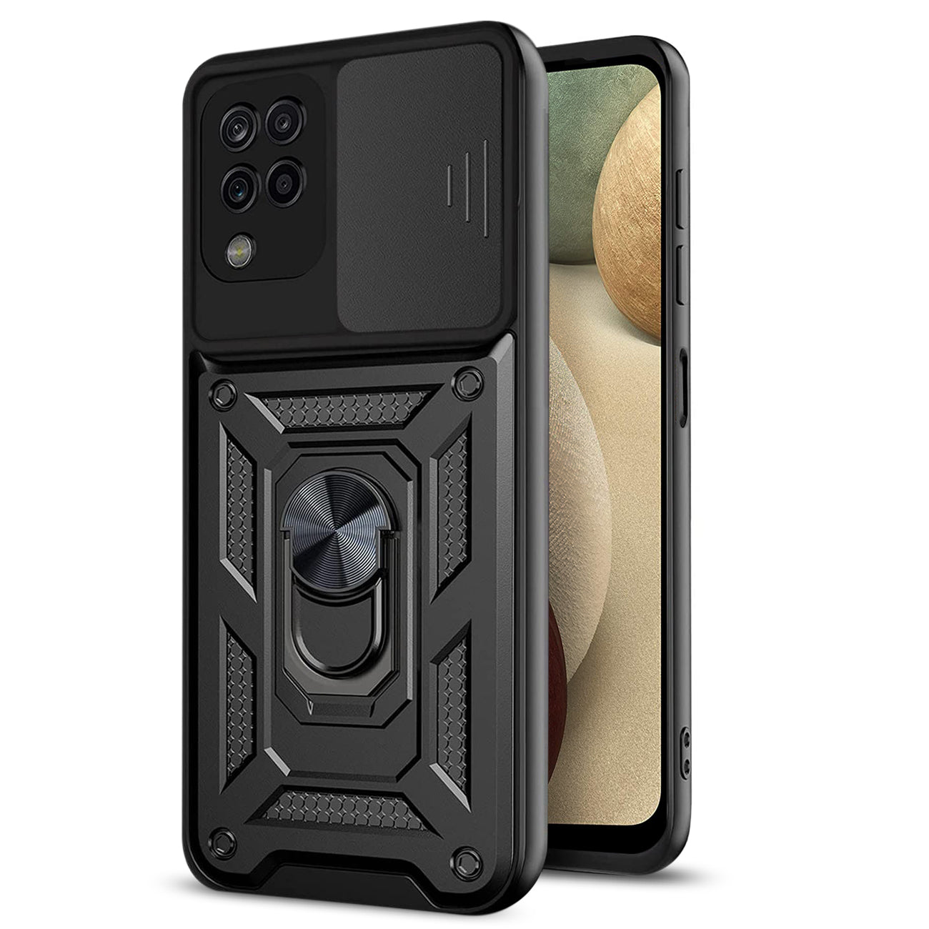 Kickstand Ring Holder with Slide Camera Cover TPU Shockproof Case and Magnetic Car Mount for SAMSUNG GALAXY A12 5G In Black