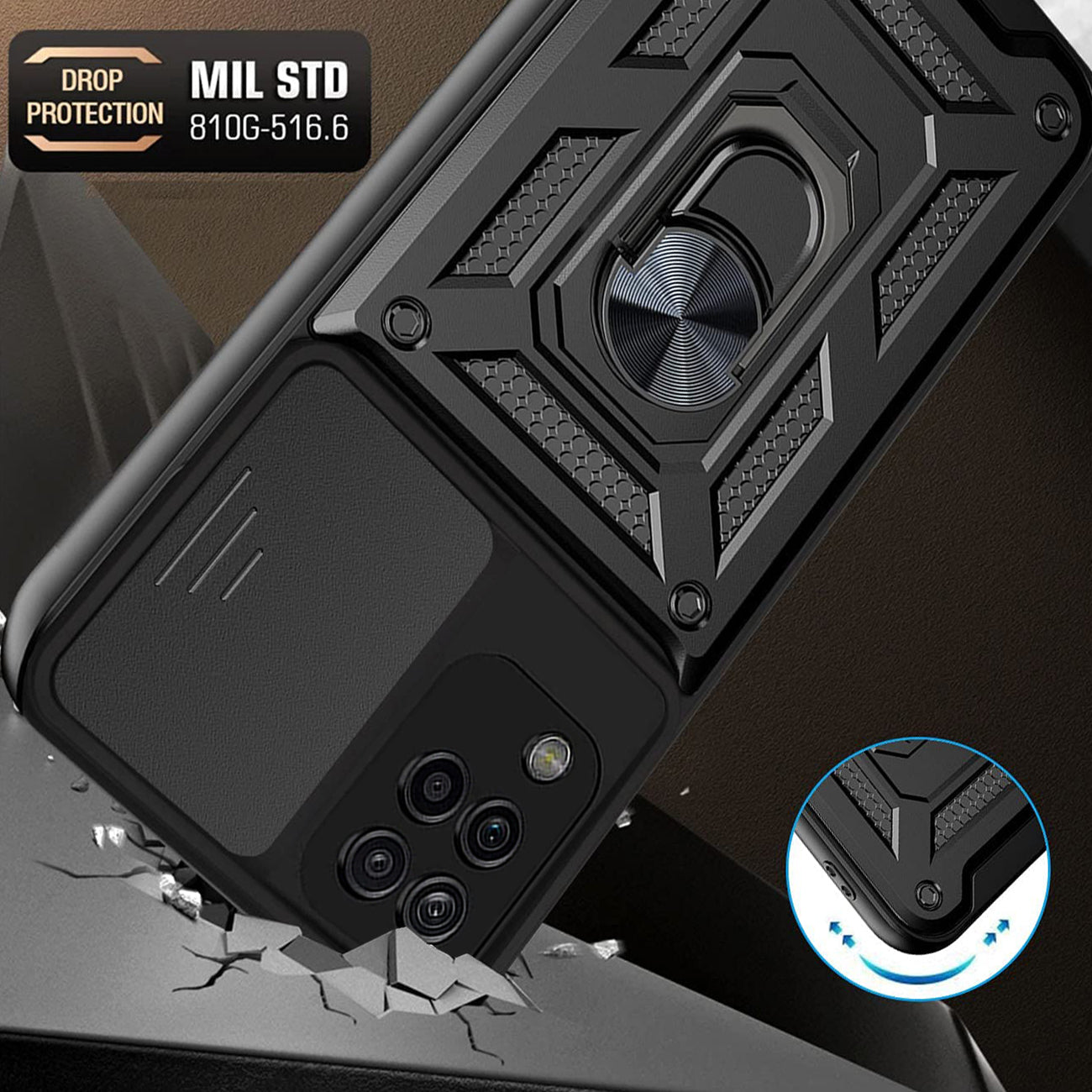 Kickstand Ring Holder with Slide Camera Cover TPU Shockproof Case and Magnetic Car Mount for SAMSUNG GALAXY A12 5G In Black
