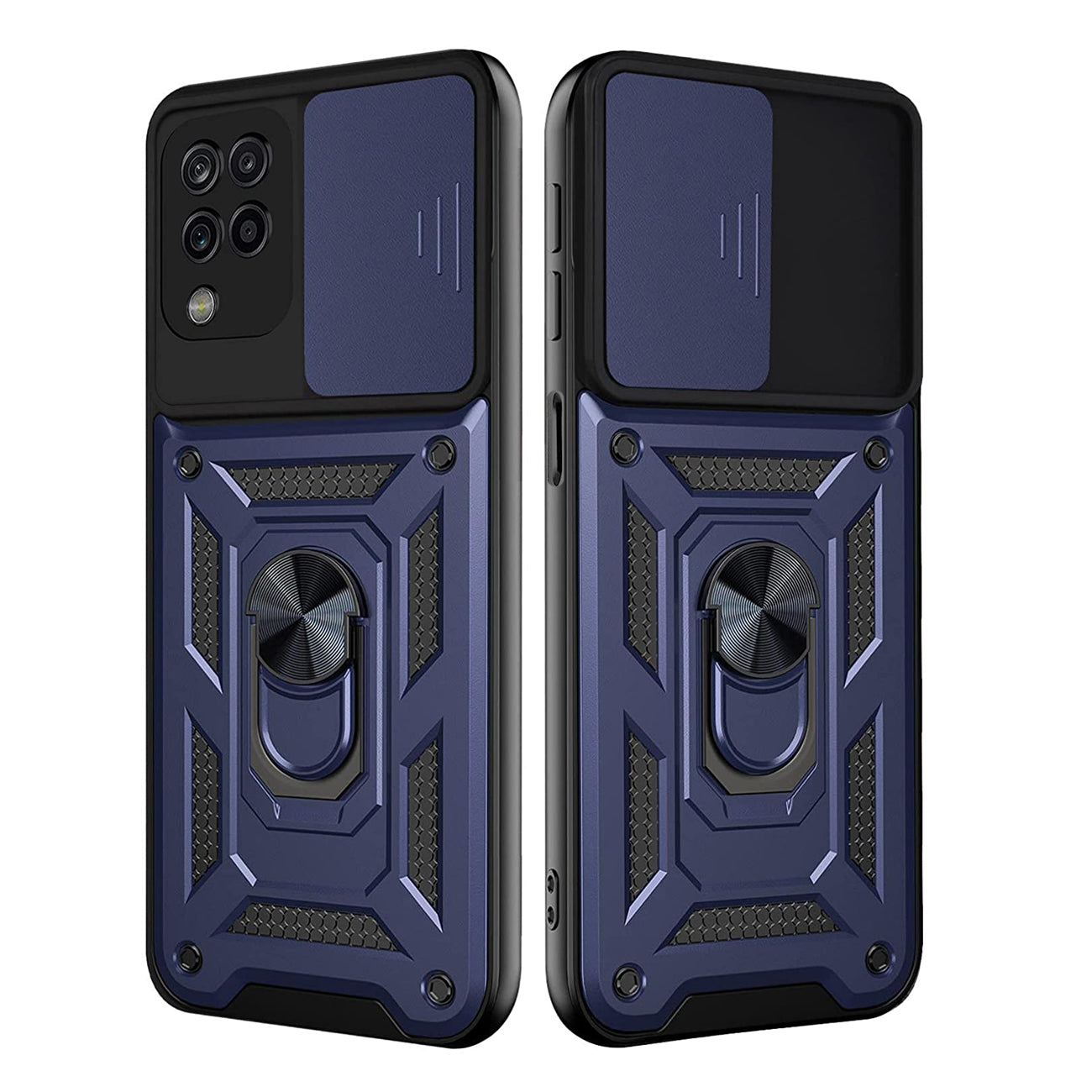 Kickstand Ring Holder with Slide Camera Cover TPU Shockproof Case and Magnetic Car Mount for SAMSUNG GALAXY A12 5G In Blue
