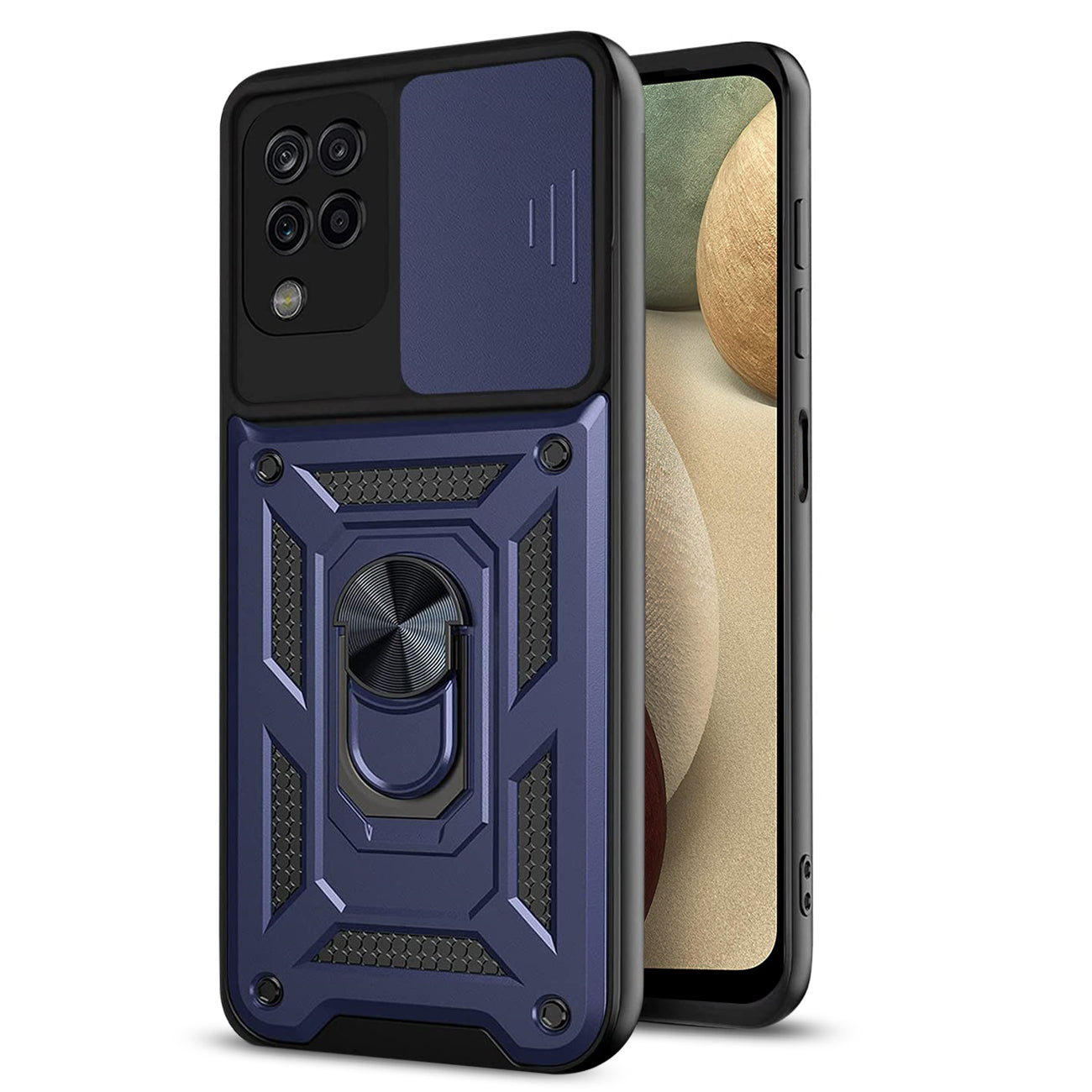 Kickstand Ring Holder with Slide Camera Cover TPU Shockproof Case and Magnetic Car Mount for SAMSUNG GALAXY A12 5G In Blue