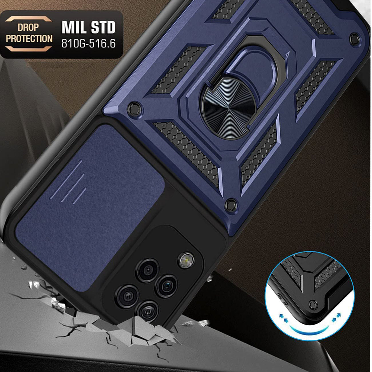 Kickstand Ring Holder with Slide Camera Cover TPU Shockproof Case and Magnetic Car Mount for SAMSUNG GALAXY A12 5G In Blue