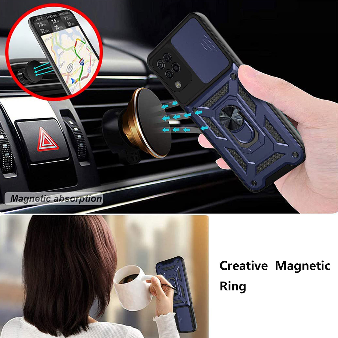 Kickstand Ring Holder with Slide Camera Cover TPU Shockproof Case and Magnetic Car Mount for SAMSUNG GALAXY A12 5G In Blue