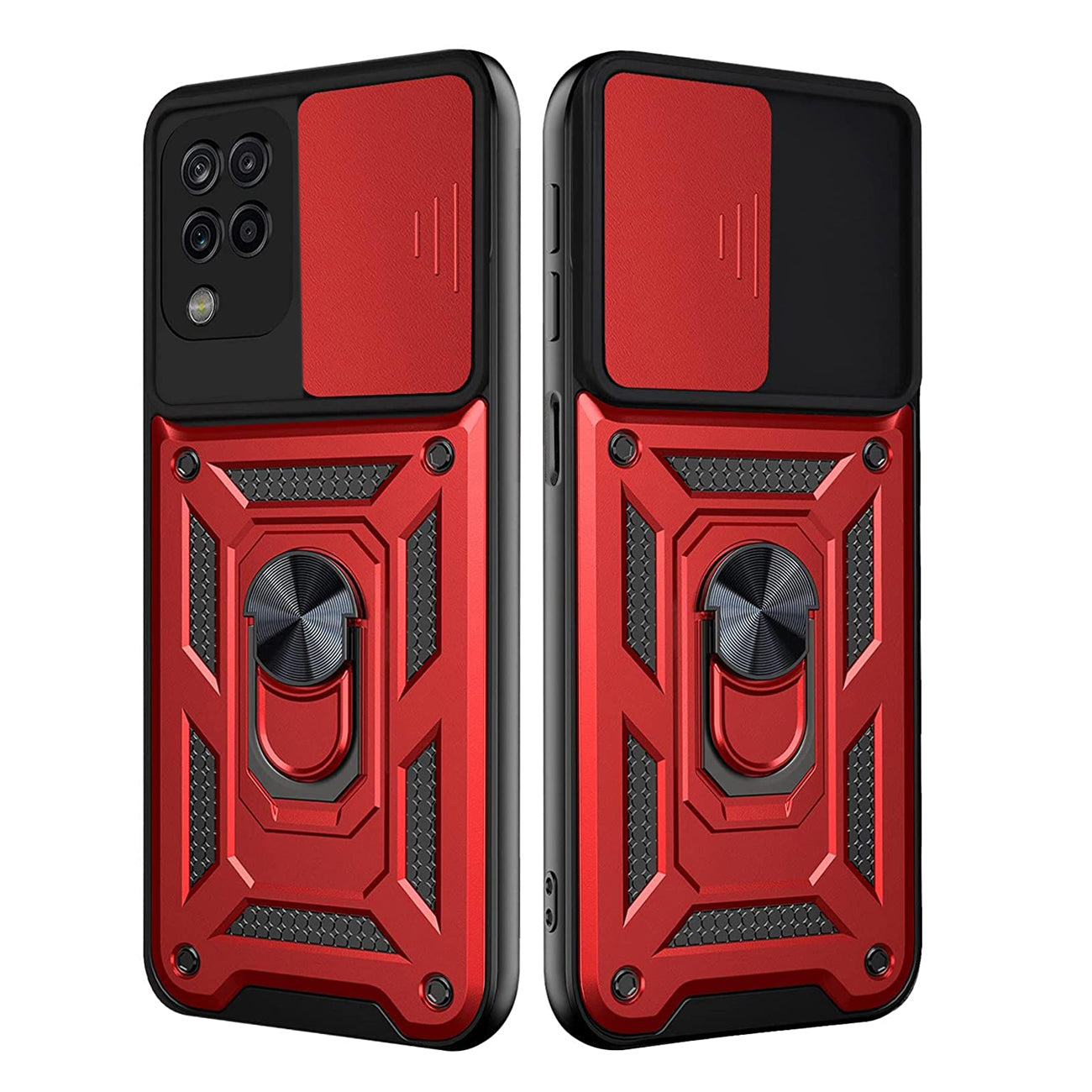 Kickstand Ring Holder with Slide Camera Cover TPU Shockproof Case and Magnetic Car Mount for SAMSUNG GALAXY A12 5G In Red