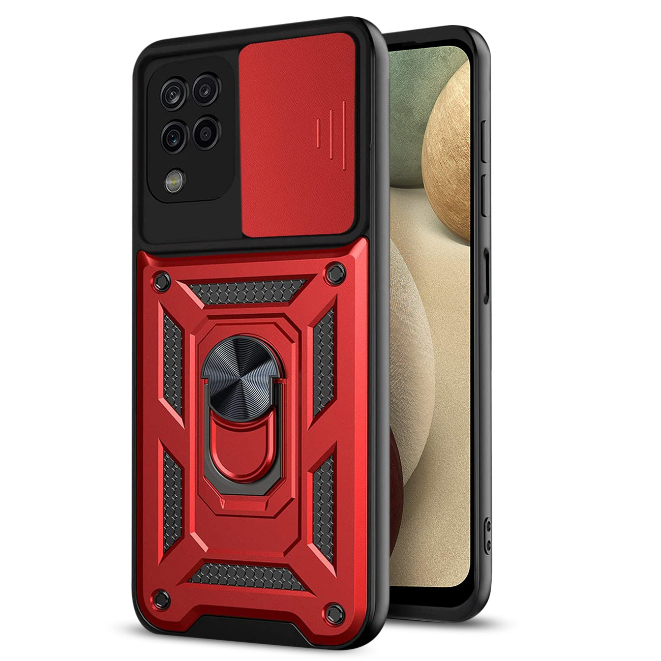 Kickstand Ring Holder with Slide Camera Cover TPU Shockproof Case and Magnetic Car Mount for SAMSUNG GALAXY A12 5G In Red
