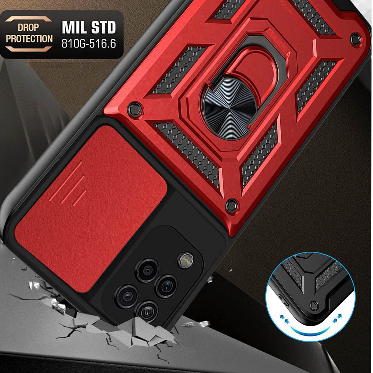 Kickstand Ring Holder with Slide Camera Cover TPU Shockproof Case and Magnetic Car Mount for SAMSUNG GALAXY A12 5G In Red