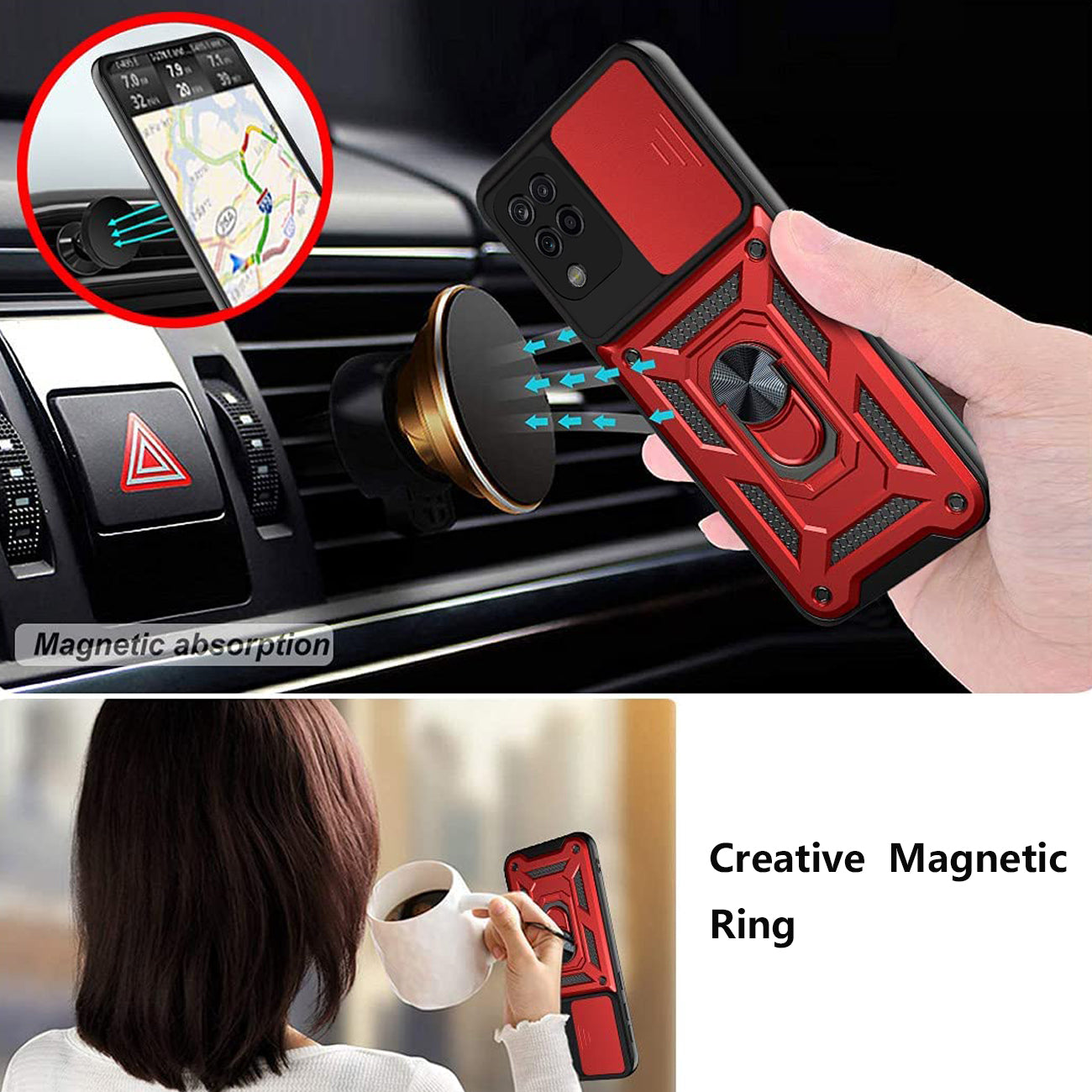 Kickstand Ring Holder with Slide Camera Cover TPU Shockproof Case and Magnetic Car Mount for SAMSUNG GALAXY A12 5G In Red