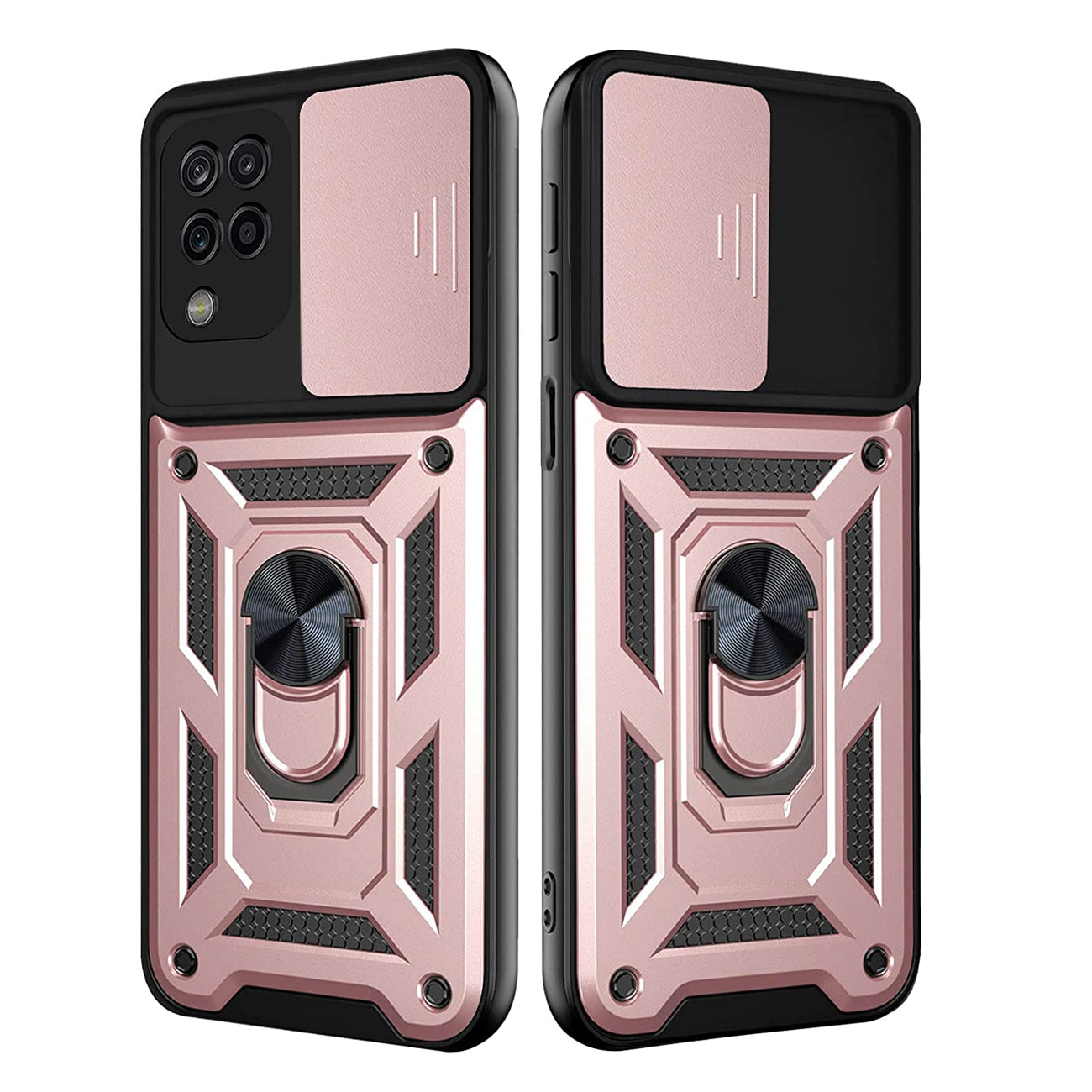Kickstand Ring Holder with Slide Camera Cover TPU Shockproof Case and Magnetic Car Mount for SAMSUNG GALAXY A12 5G In Rose Gold