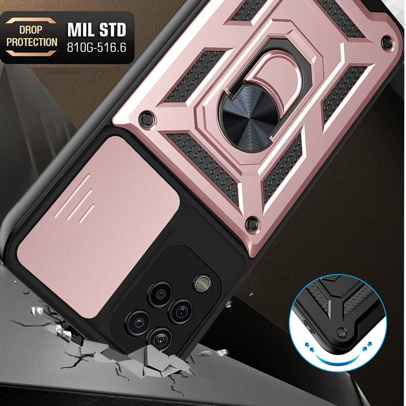 Kickstand Ring Holder with Slide Camera Cover TPU Shockproof Case and Magnetic Car Mount for SAMSUNG GALAXY A12 5G In Rose Gold