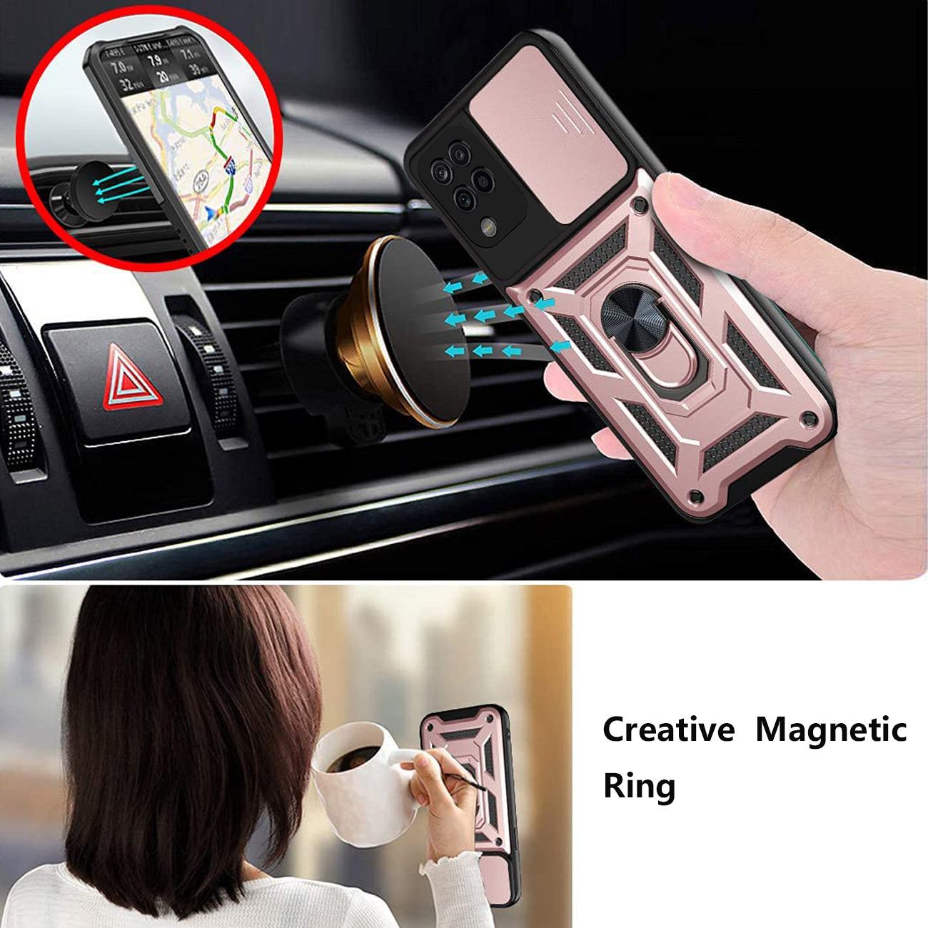 Kickstand Ring Holder with Slide Camera Cover TPU Shockproof Case and Magnetic Car Mount for SAMSUNG GALAXY A12 5G In Rose Gold