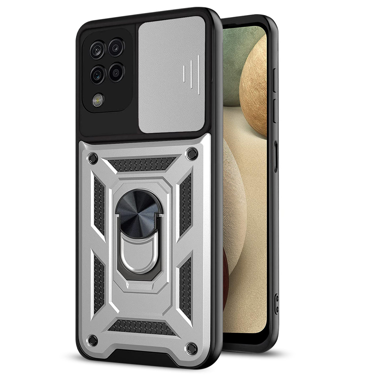 Kickstand Ring Holder with Slide Camera Cover TPU Shockproof Case and Magnetic Car Mount for SAMSUNG GALAXY A12 5G In Silver