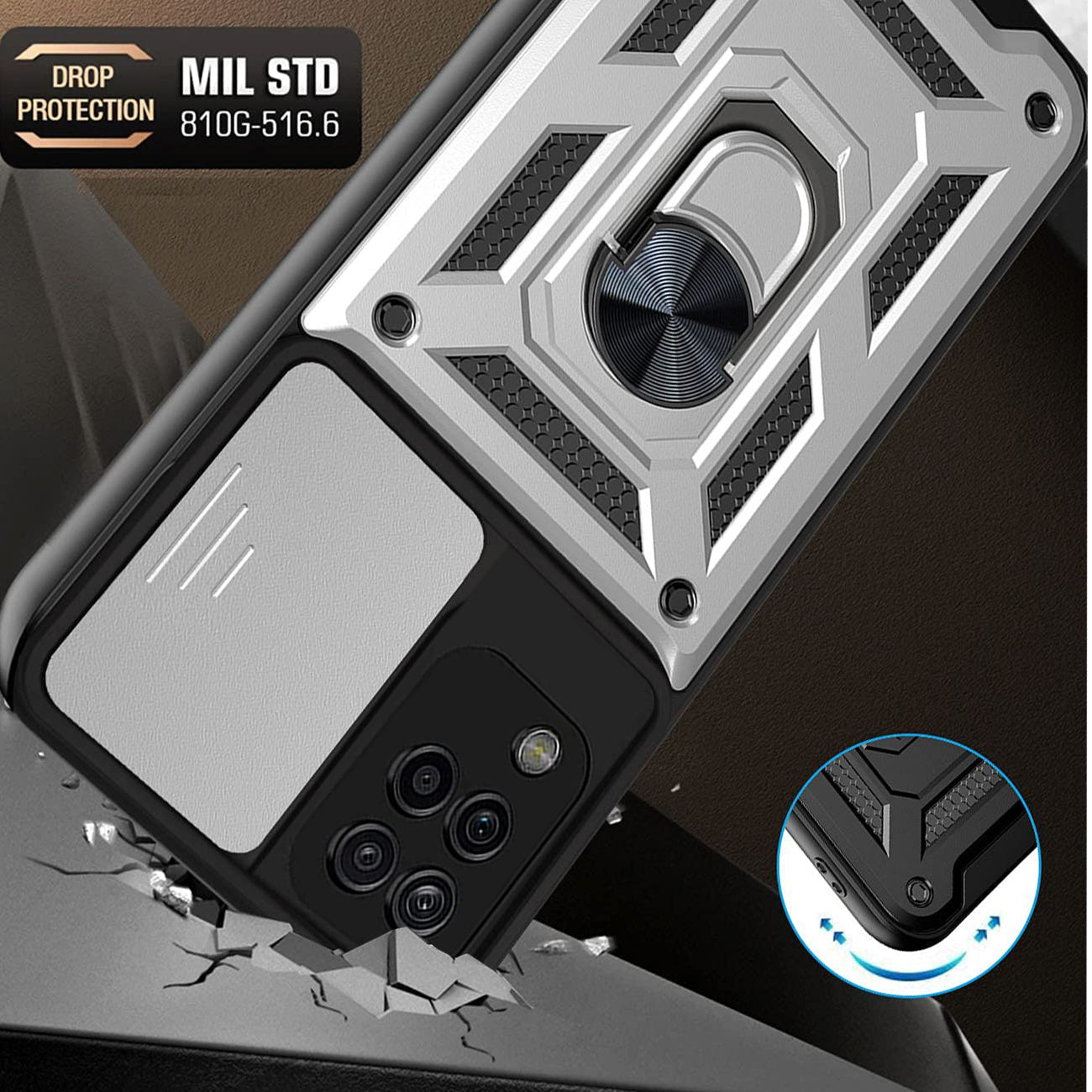 Kickstand Ring Holder with Slide Camera Cover TPU Shockproof Case and Magnetic Car Mount for SAMSUNG GALAXY A12 5G In Silver