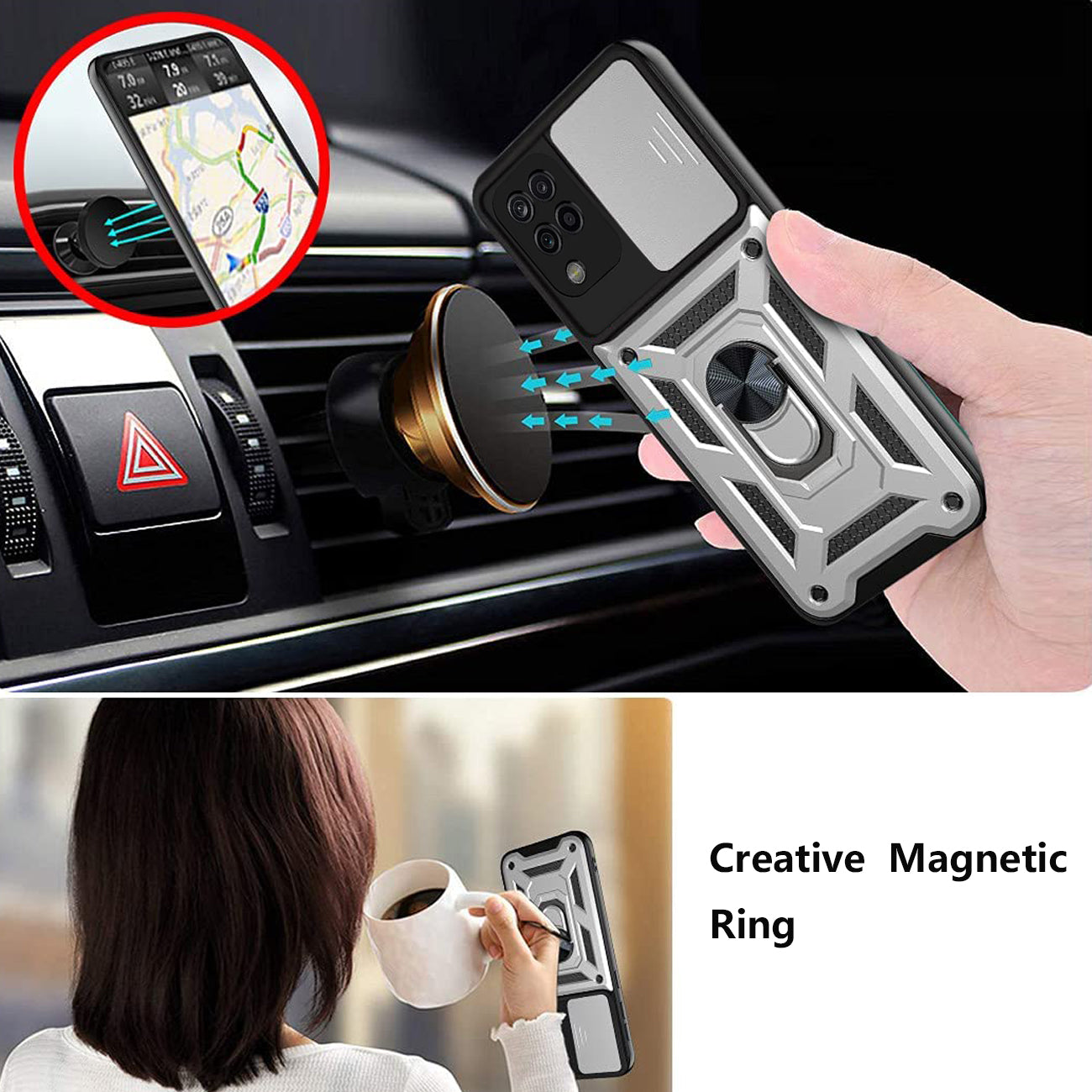 Kickstand Ring Holder with Slide Camera Cover TPU Shockproof Case and Magnetic Car Mount for SAMSUNG GALAXY A12 5G In Silver
