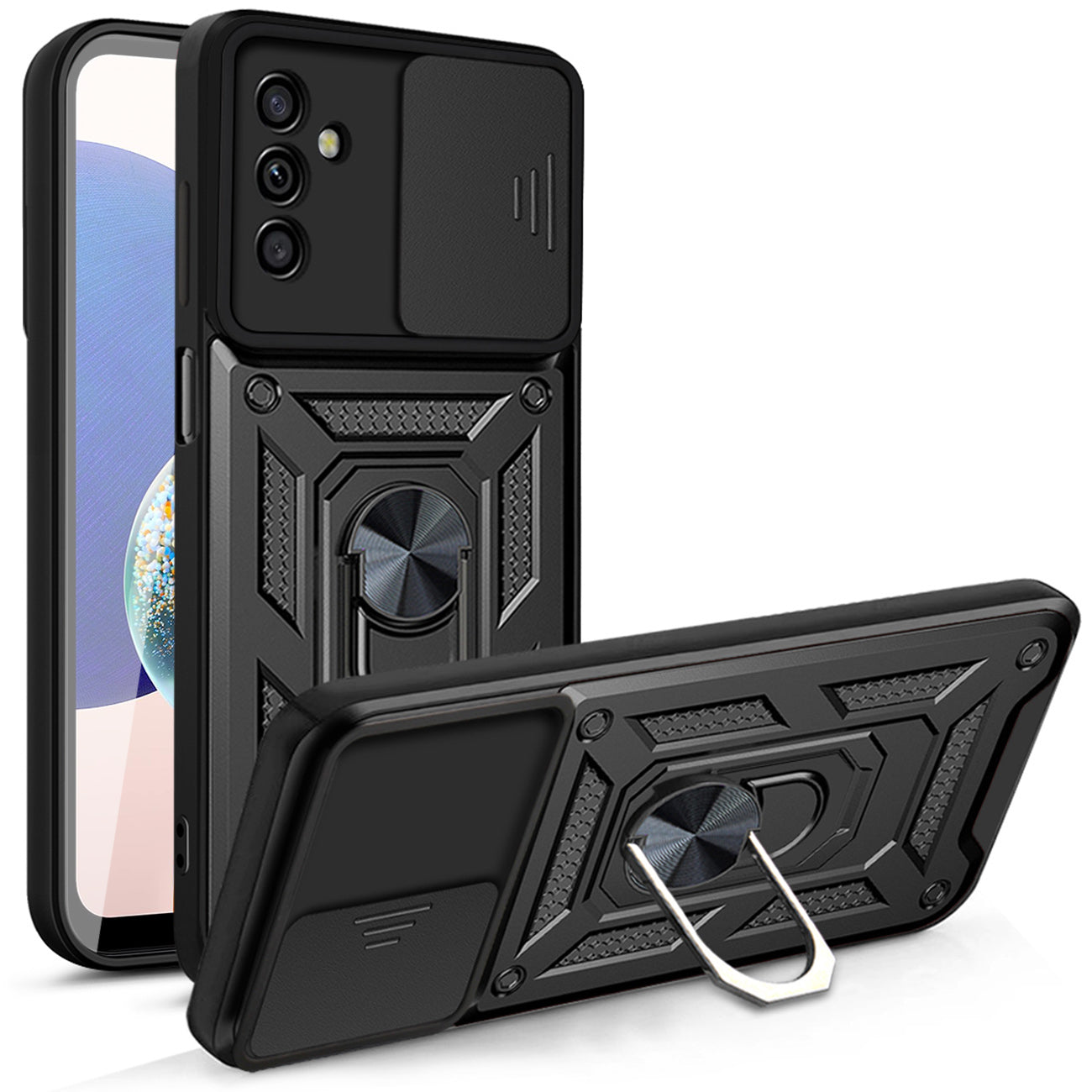 Kickstand Ring Holder with Slide Camera Cover TPU Magnetic Car Mount for GALAXY A14 5G In Black