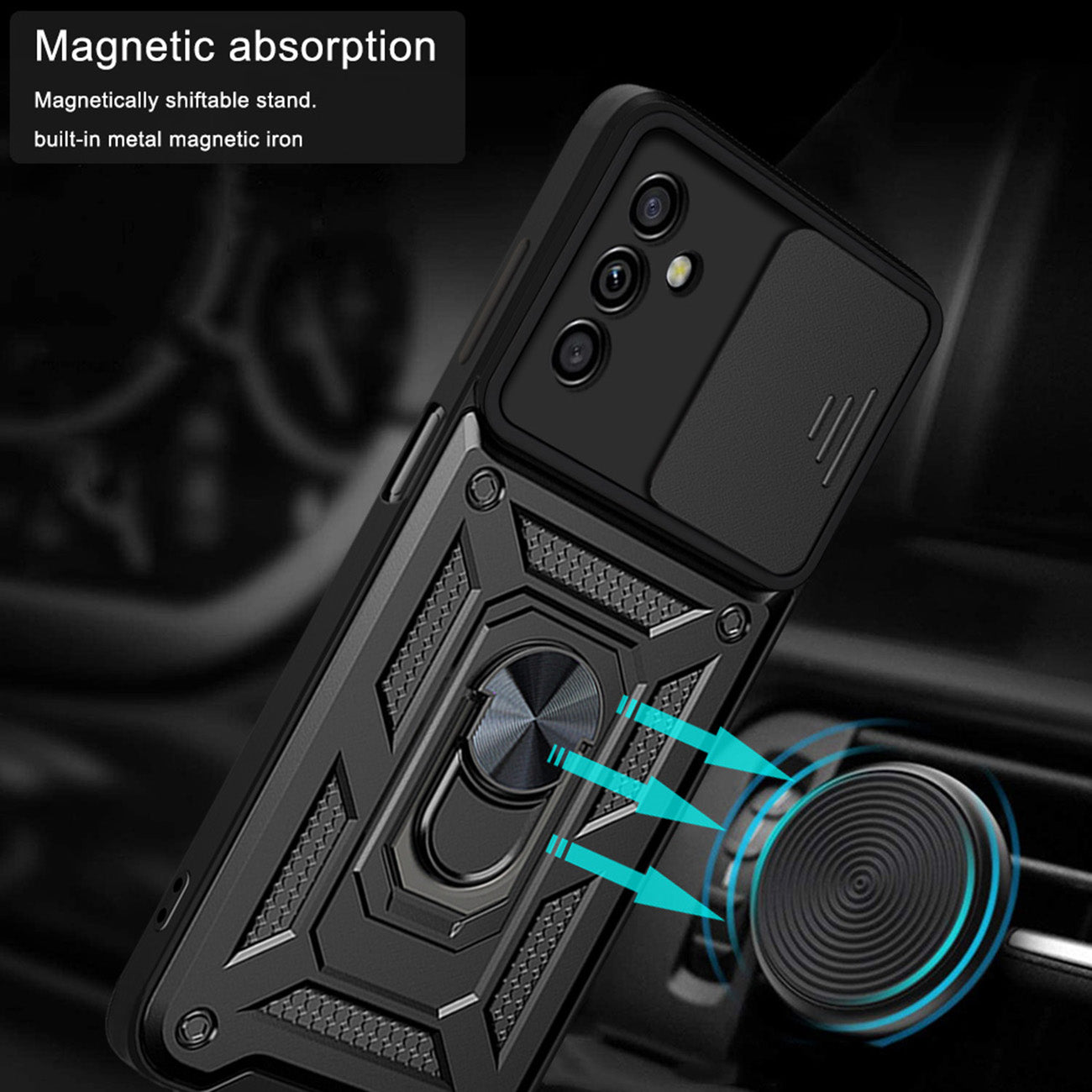 Kickstand Ring Holder with Slide Camera Cover TPU Magnetic Car Mount for GALAXY A14 5G In Black