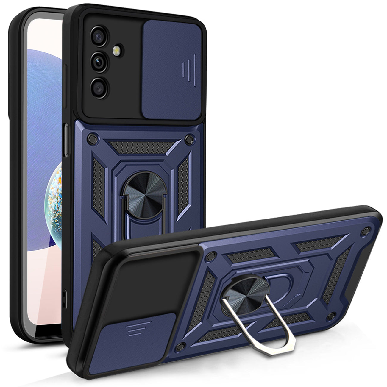 Kickstand Ring Holder with Slide Camera Cover TPU Magnetic Car Mount for GALAXY A14 5G In Blue
